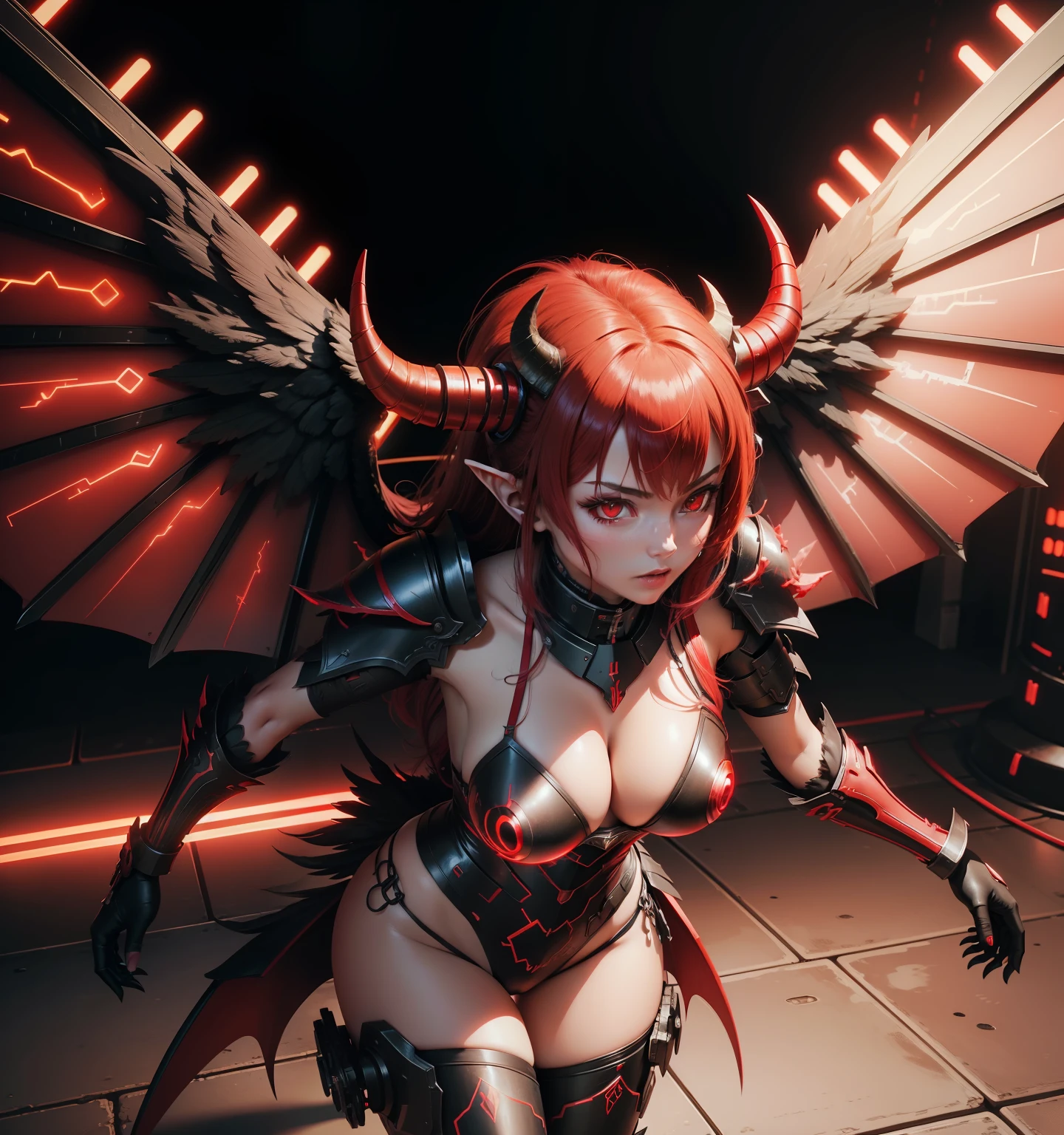 (Demon Angel in Heavy Cyber Armor with Bright Red Lights, Horns on the head and large wings in high detail)8K 3D