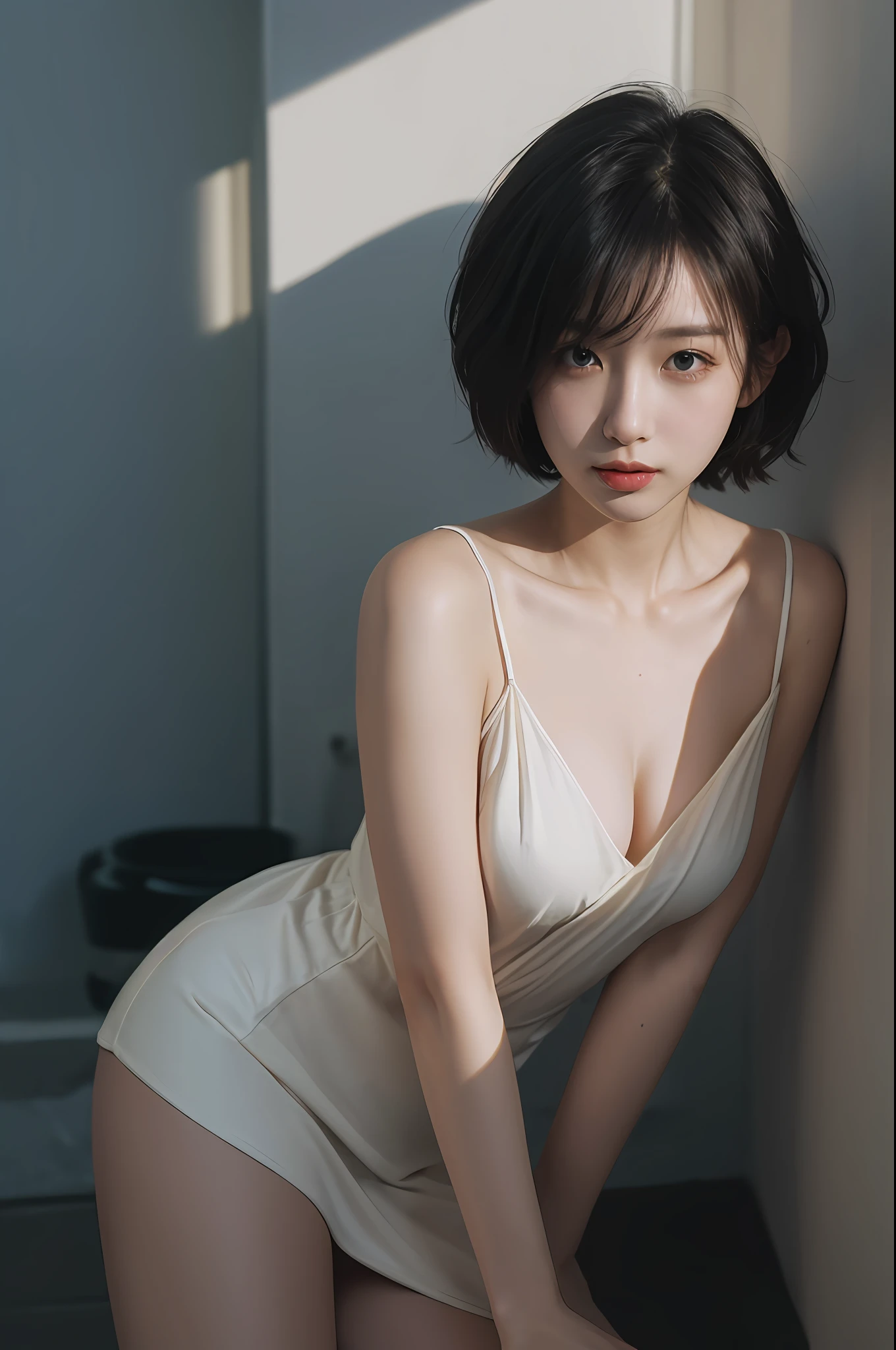 top-quality、​masterpiece、超A high resolution、(Photorealsitic:1.5)、Raw foto、1girl in、murky、deep-shadows、Unobtrusive、cold light、sexy appearance、shorth hair、((very_short_hair))、((Luxurious dresses))