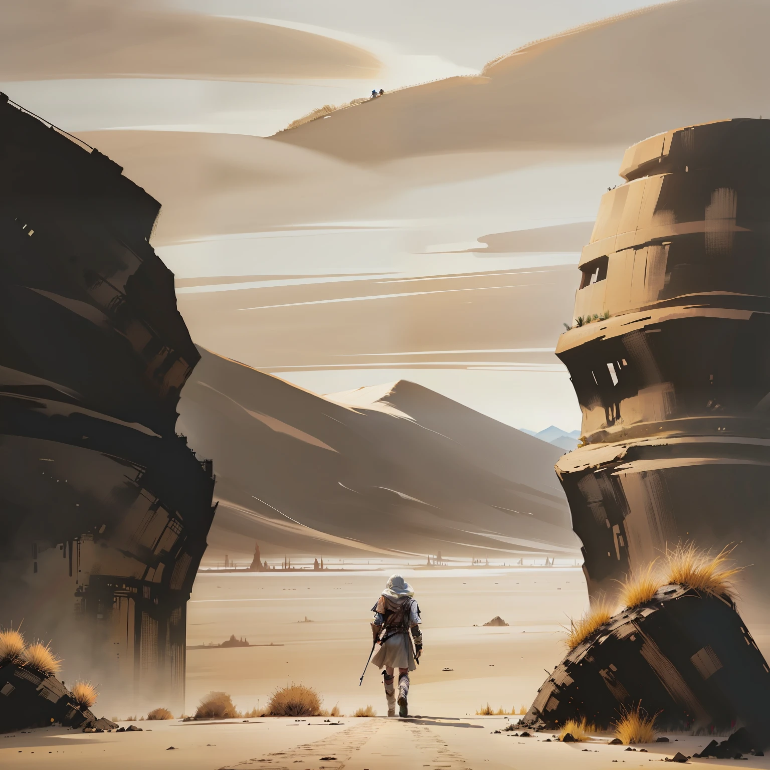 In the desolate desert,A young wanderer walks alone in high-quality fantasy
