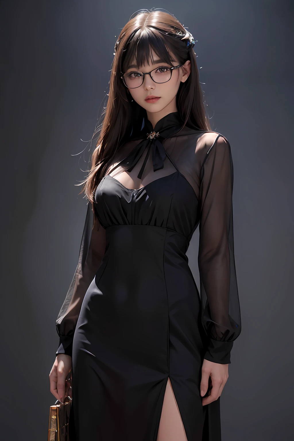 (Front focus)、(dark: 1.6)、Hyperrealist female portrait by David Hockney and Alphonse Mucha、Fantasy Art、photoRealstic、Dynamic Lighting、art stations、poster for、Volume Lighting、extra detailed face、4 K、Award-winning、 、1人、in the darkness nigth、deep-shadows、lowkey、cowboy shot、(formal outfit:1.4)、Long、A dark-haired、view front、Black tabby glasses