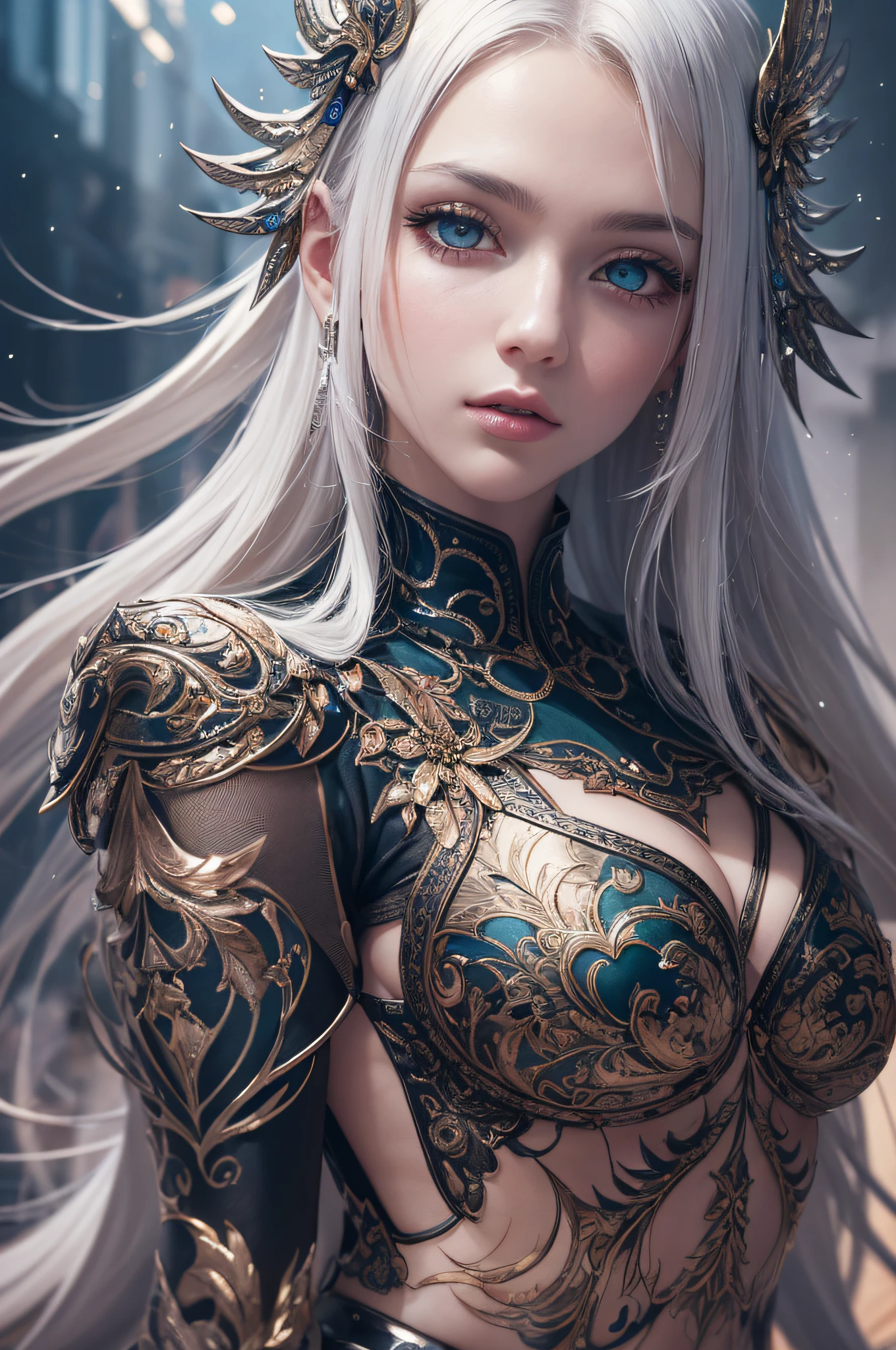 (((masterpiece))), (((best quality))), ((ultra-detailed)), (hyperrealistic), (highly detailed CG illustration), ((an extremely delicate and beautiful)),cinematic light, Create a stunning anime artwork that is currently trending on ArtStation, showcasing exquisite beauty and captivating aesthetics. The art piece should be highly detailed, featuring a compelling character and a visually appealing environment. The character in the artwork is a graceful and enchanting figure, radiating an aura of elegance. Pay close attention to intricate facial features, such as mesmerizing eyes with vibrant colors and delicate shading. The character's clothing should be designed with elaborate patterns, flowing fabrics, and rich textures, reflecting a blend of fantasy and contemporary fashion. Place the character in a captivating environment that enhances the overall appeal of the artwork. It could be a breathtaking natural landscape, a bustling futuristic cityscape, or a mystical realm filled with magical elements. Incorporate vibrant colors, dynamic lighting, and detailed background elements to create a sense of depth and immersion. Consider the latest trends in anime art, such as incorporating unique lighting effects, exploring creative composition techniques, or experimenting with unconventional color palettes. Take inspiration from the top artists on ArtStation and their exceptional execution of various art styles and themes. Camera: Choose an angle that highlights the character's beauty and the immersive environment. Lighting: Utilize atmospheric lighting techniques to create depth and mood. Resolution: Aim for a high-resolution artwork to showcase intricate details and clarity. Art Inspirations: Seek inspiration from the trending artists on ArtStation, exploring different styles, genres, and themes.