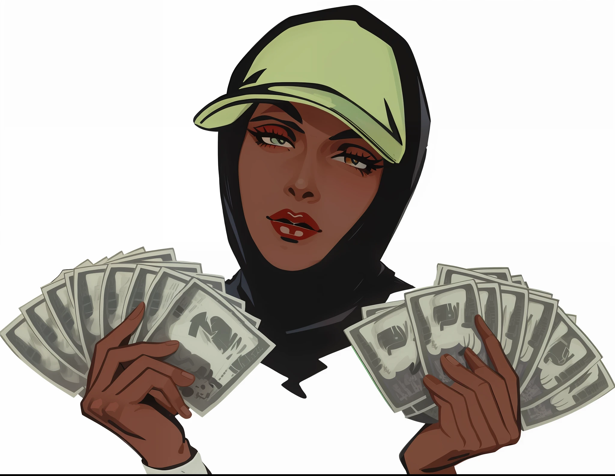 Close-up of a man holding a bunch of money, in style of digital illustration, Paid artwork, Hood, Stylized digital illustration, Female thief, Cartoon style illustration, Thug life, wealthy women, author：Master Ella, Made of money, author：Hugh Hughes, molly millions, low res, Shady, ( Asaf Hanuka ), capitalist, author：Mustafa Rakim,Vintage illustration，Retro，Graphic illustration，planar