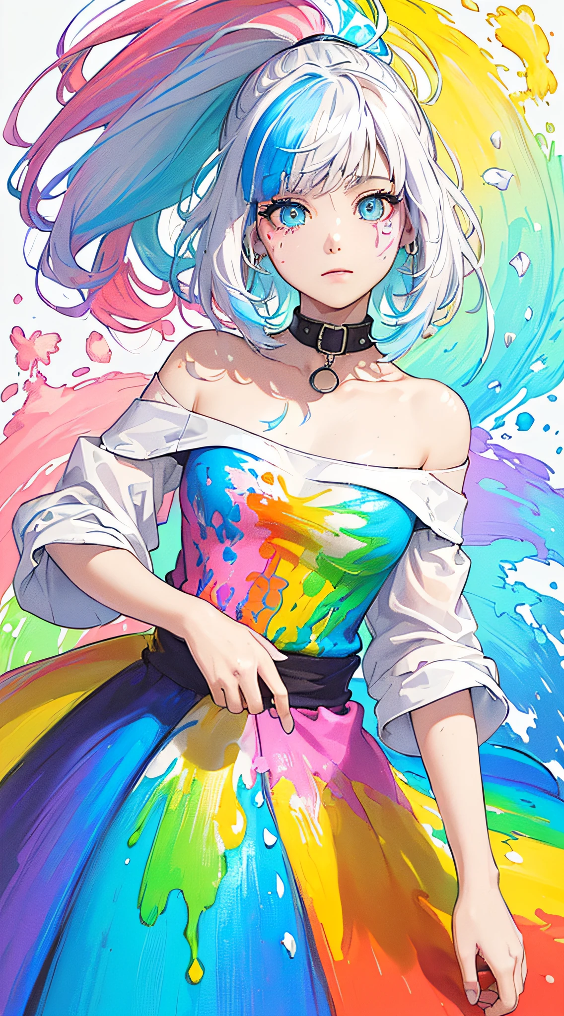 （Pink Fashion T-shirt：1.9），(Colorful hair: 1.8), (all the colours of the rainbow: 1.8),(((((vertical painting：1.6))), （painting：1.6），front, comics, illustrations, paintings, large eyes, crystal clear eyes,（ rainbow color gradient high ponytail：1.7）, exquisite makeup, closed mouth,(Small Fresh: 1.5),(Wipe Chest: 1.6) ，long eyelashes, white off shoulder T-shirt,  White Shoulder Shirt，looking at the audience, large watery eyes, (rainbow colored hair：1.6), color splash, （solo：1.8）, color splash, color explosion, thick paint style, messy lines, ((shining))，(colorful), (colorful), (colorful), colorful, Thick Paint Style, (Splash) (Color Splash), Vertical Painting, Upper Body, Paint Splash, Acrylic Pigment, Gradient, Paint, Highest Image Quality, Highest Quality, Masterpiece, Solo, Depth of Field, Face Paint,  colorful clothes, (Elegant: 1.2), gorgeous,long hair, wind, (Elegant: 1.3), (Petals: 1.4)，(((masterpiece))),(((best quality))),((ultra-detailed)),(illustration),(dynamic angle),((floating)),(paint),((disheveled hair)),(solo),(1girl) , (((detailed anima face))),((beautiful detailed face)),collar,bare shoulders,white hair, ((colorful hair)),((streaked hair)),beautiful detailed eyes,(Gradient color eyes),(((colorful eyes))),(((colorful background))),(((high saturation))),(((surrounded by colorful splashes))),