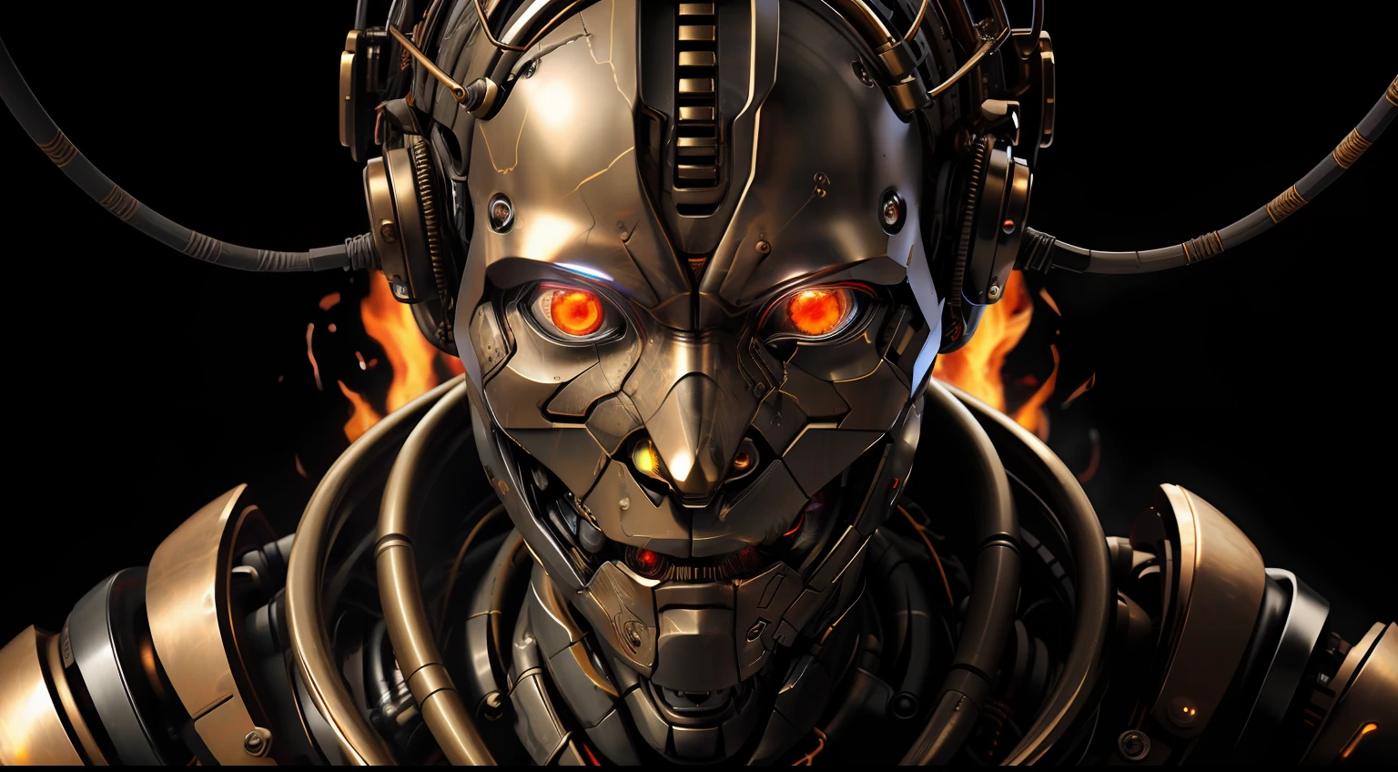 close up, face, fire eye, eye on fire ,a humanoid lauterbach robot biomechanical bronze with a head full of wires and a light cold on it's face and neck, in a dark room in a dark room with a red light behind him, unreal engine 5 highly rendered, cyberpunk art, les automatistes, raw photo of detailed skin, clear face