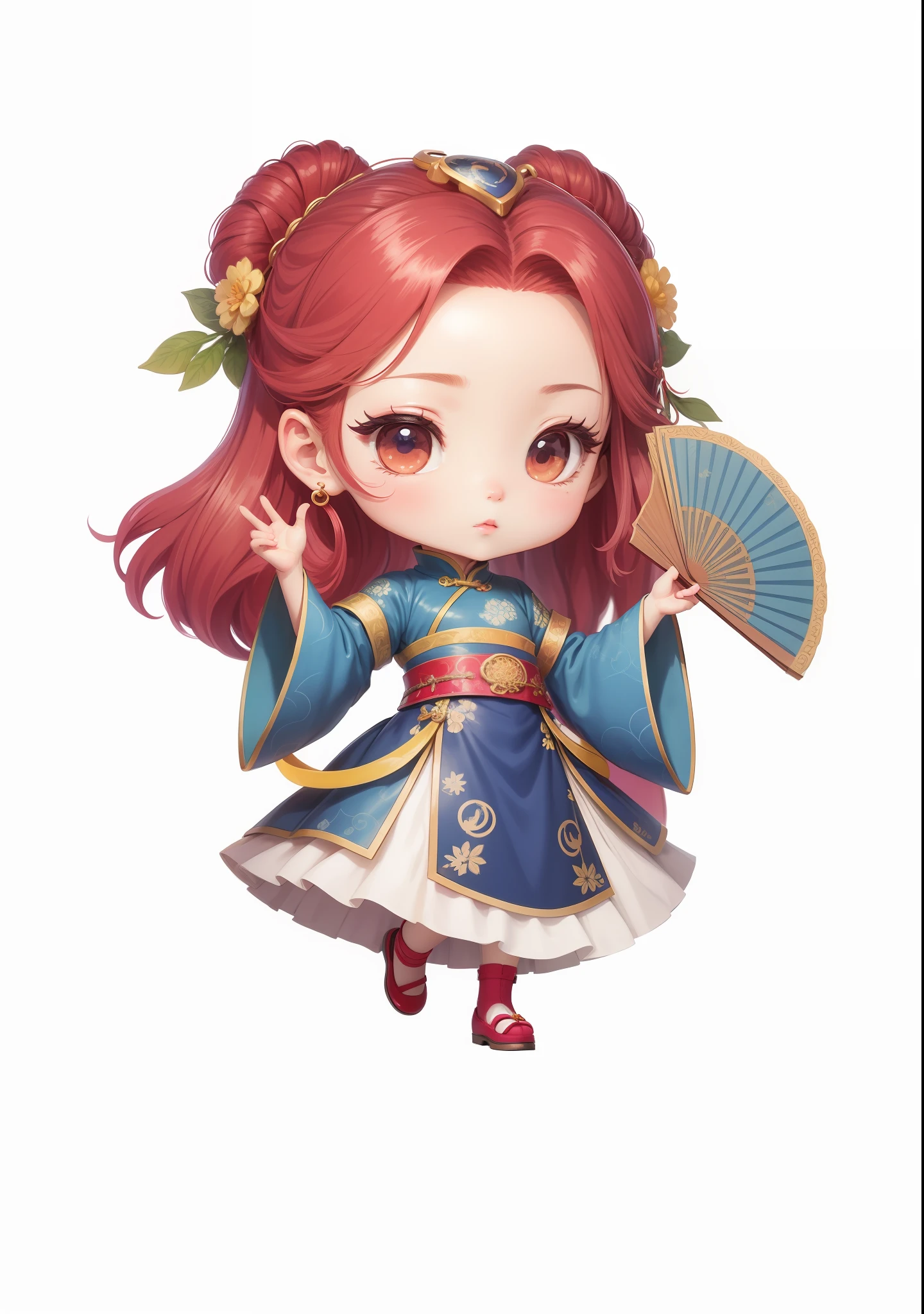 Chibi anime characters,China-style,Chinese-style clothing,Chinese shoes,Beautiful pattern on the fan,Fine drawing,Fine painting,Refinement,infinite details,high definition detail,Delicate belt,Patterned,Pattern,Blank background,Bright colors,Metal edging,Vivid colors,