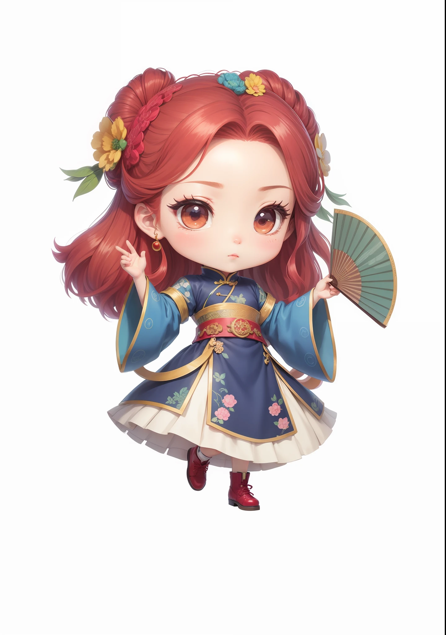 Chibi anime characters,China-style,Chinese-style clothing,Chinese shoes,Beautiful pattern on the fan,Fine drawing,Fine painting,Refinement,infinite details,high definition detail,Delicate belt,Patterned,Pattern,Blank background,Bright colors,Metal edging,Vivid colors,