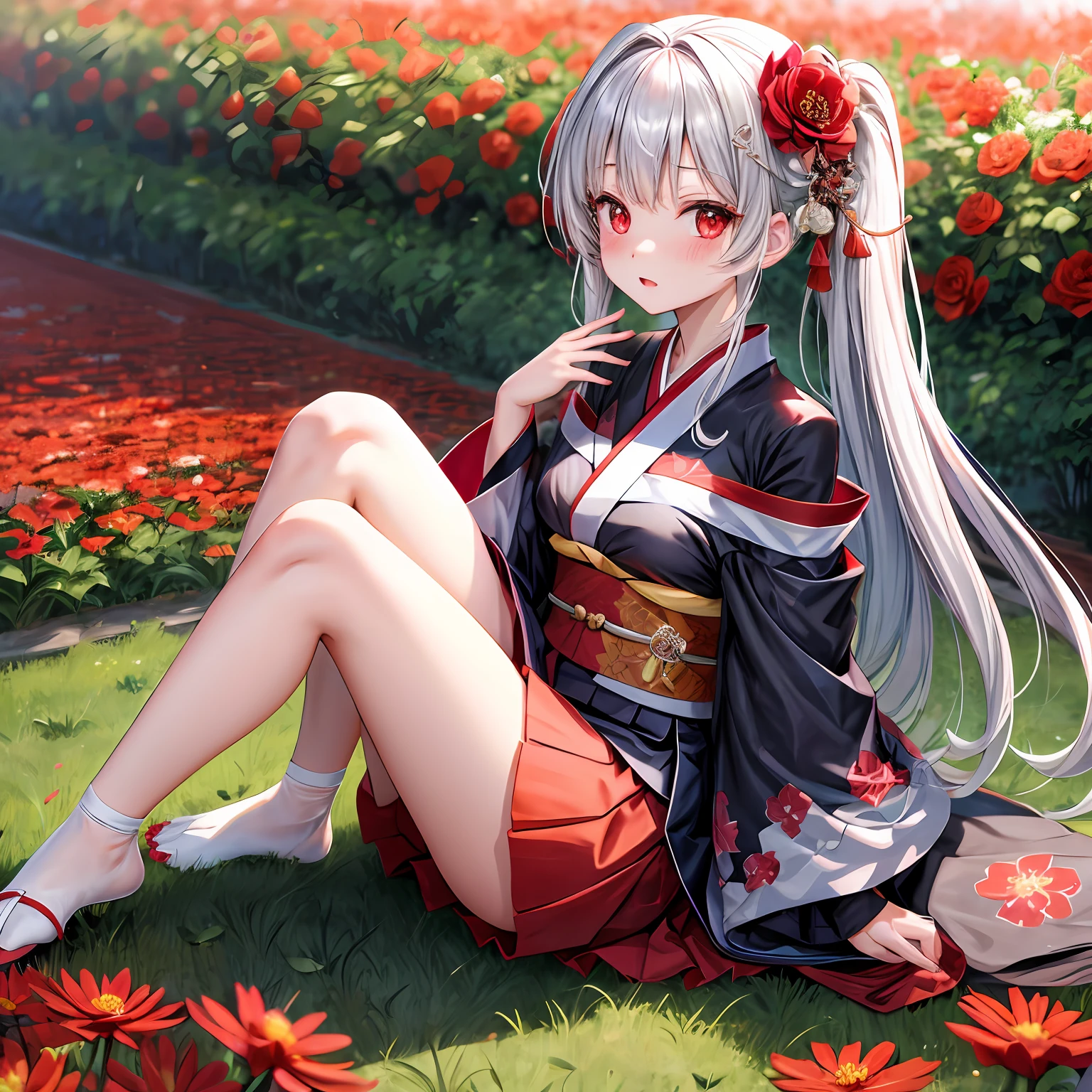 silber hair、red eyes、One girl、kawaii、animesque、Kimono、off shoulders、a miniskirt、red blush、flower  field、sitting on