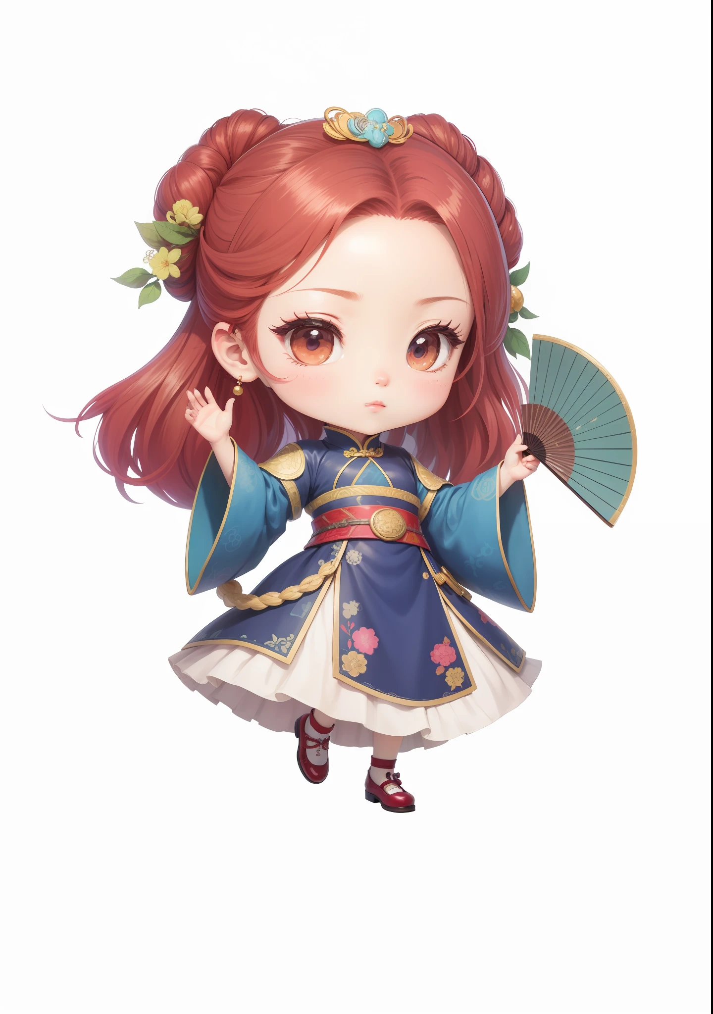 Chibi anime characters,China-style,Chinese-style clothing,Chinese shoes,Beautiful pattern on the fan,Fine drawing,Fine painting,Refinement,infinite details,high definition detail,Delicate belt,Patterned,Pattern,Blank background,Bright colors,Metal edging,Vivid colors,