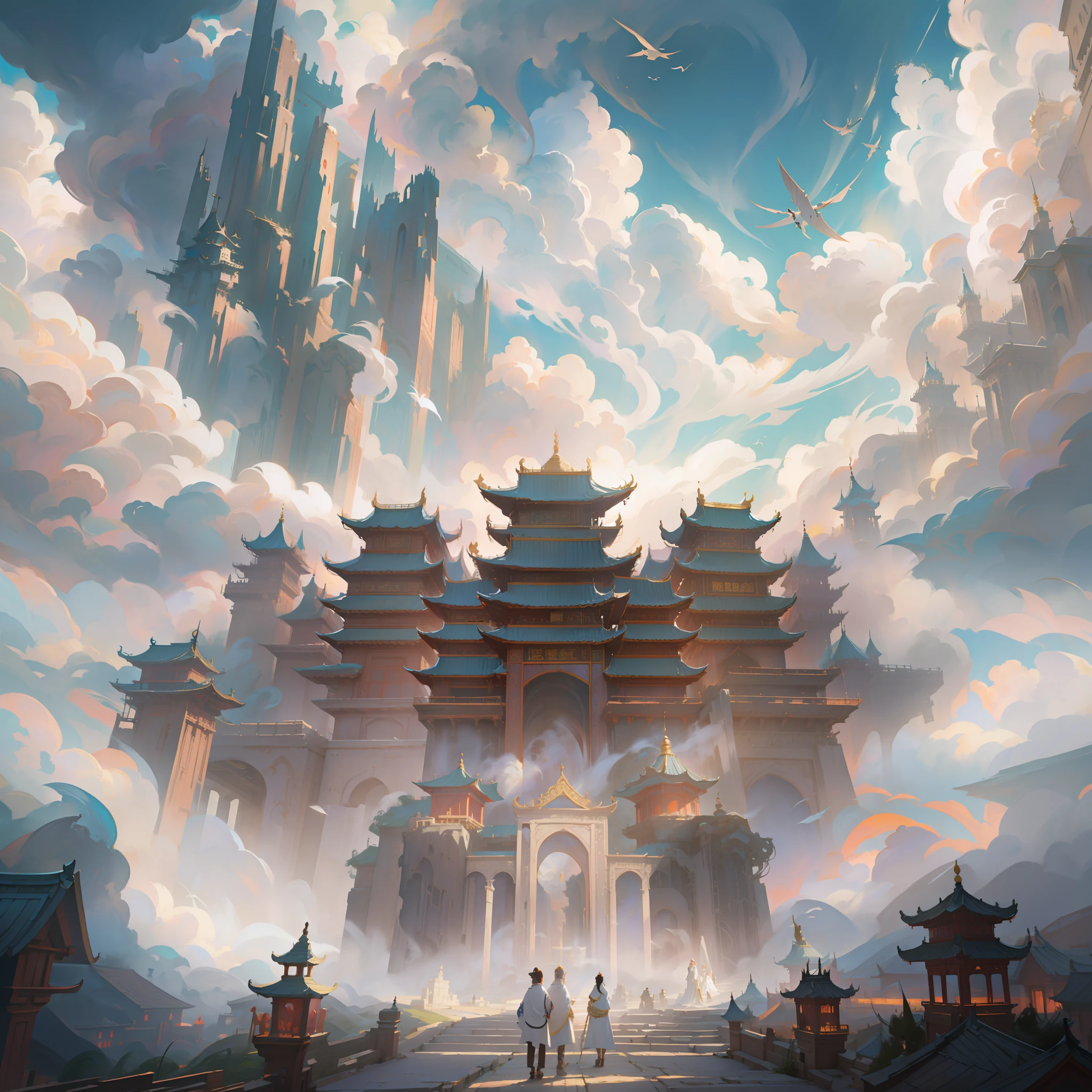 There is a picture of a tall building in the clouds, heaven gate, elaborate matte painting, Cloud Palace, palace floating in heaven, entrance to ethereal realm, extravagant matte painting, heaven gate, exquisite matte painting, chinese surrealism, dramatic entry, author：Cheng Jiasui, ruan jian, author：Julian, Chinese fantasy, Majestic matte painting、Light came from behind