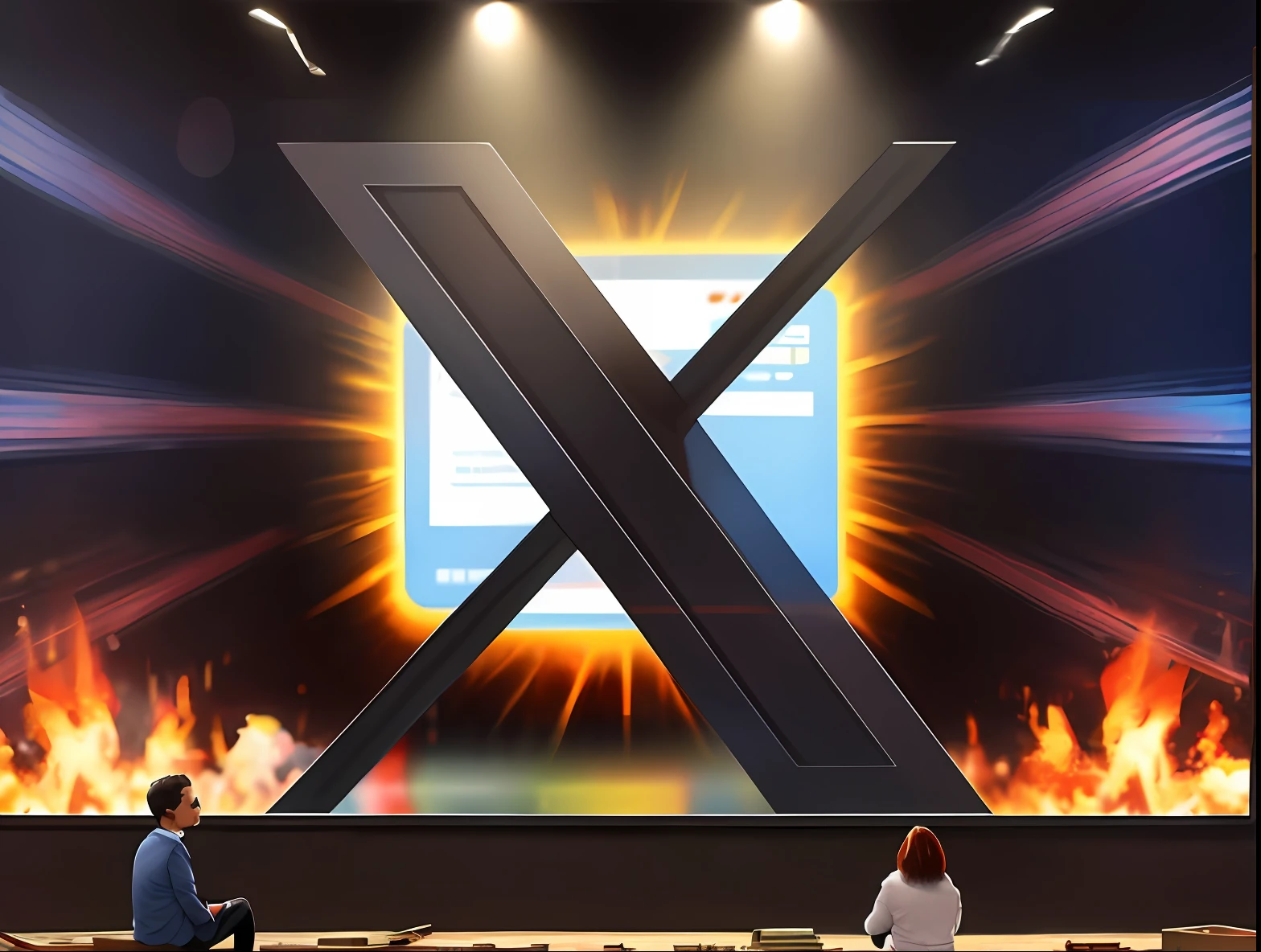 Absurd resolution, high resolution, (masterpiece: 1.4), hyper-detail, TV hostess is explaining the news about construction, Letter X shape building is showing on screen, sitting, serious expression, big screen, multiple screen, busy TV studio background, depth of field,