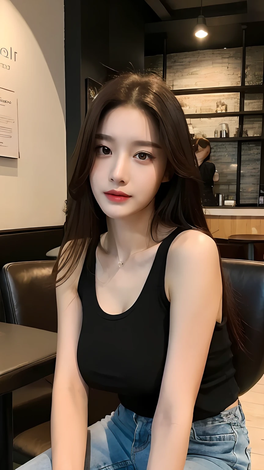 (Realistic, High resolution:1.2), 1 girl, super fine face and eyes, long hair, tight black tank top with black jacket, short jeans, sitting on coffee chair, in café, coffee on table, big breasts