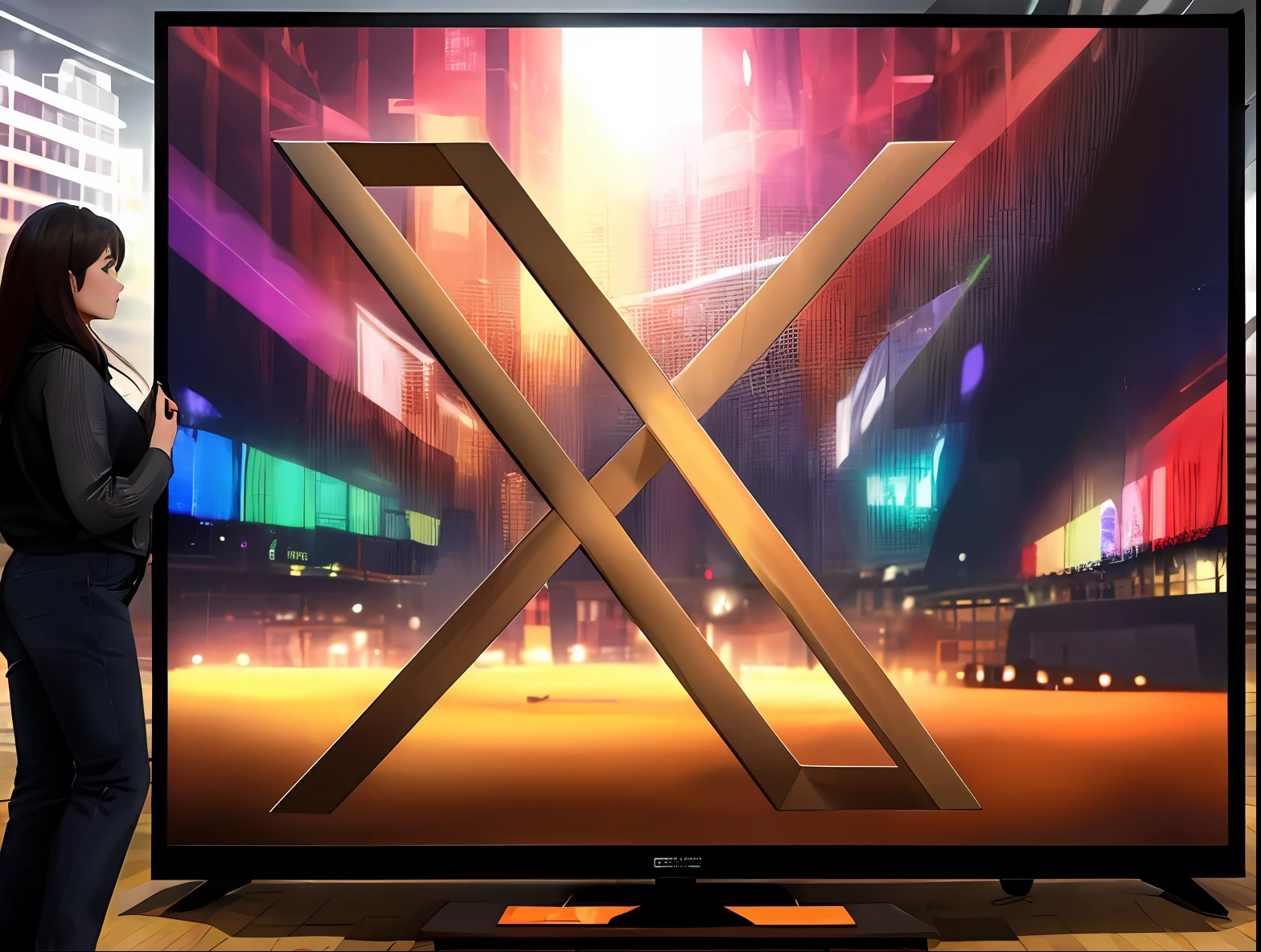 Absurd resolution, high resolution, (masterpiece: 1.4), hyper-detail, TV hostess is explaining the news about construction, Letter X shape building is showing on screen, sitting, serious expression, big screen, multiple screen, busy TV studio background, depth of field,