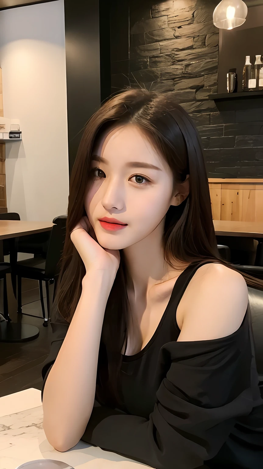 (Realistic, High resolution:1.2), 1 girl, super fine face and eyes, long hair, tight black tank top with black jacket, short jeans, sitting on coffee chair, in café, coffee on table, big breasts