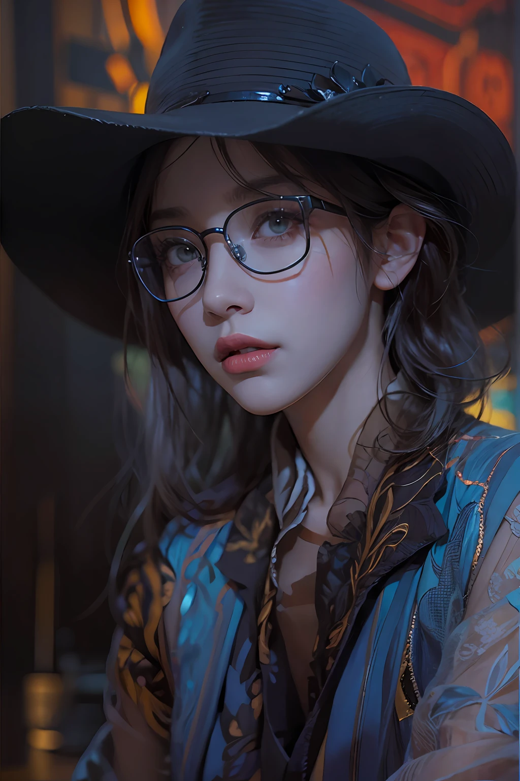 (Front focus)、(dark: 1.6)、Hyperrealist female portrait by David Hockney and Alphonse Mucha、Fantasy Art、photoRealstic、Dynamic Lighting、art stations、poster for、Volume Lighting、extra detailed face、4 K、Award-winning、 、女の子1人、in the darkness nigth、deep-shadows、lowkey、cowboy shot、(formal outfit:1.4)、Long、A dark-haired、view front、Black tabby glasses