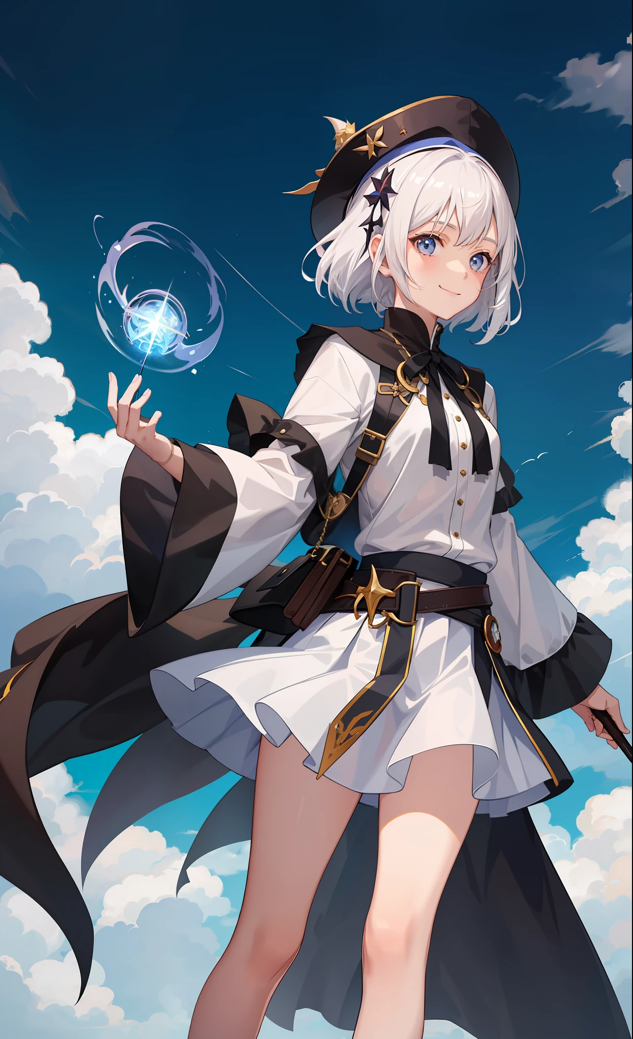 1girl in、A smile、The shirt、Blouse、skirt by the、(small tits)Chilarism、movement、Hats、cloaks、magic wands、Sorcerer、white hair、