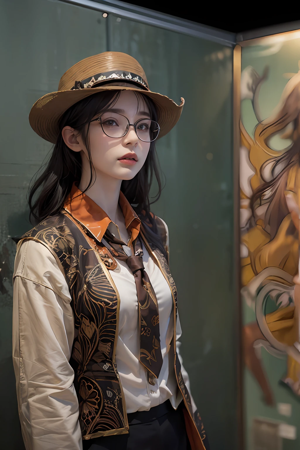 (Front focus)、(dark: 1.6)、Hyperrealist female portrait by David Hockney and Alphonse Mucha、Fantasy Art、photoRealstic、Dynamic Lighting、art stations、poster for、Volume Lighting、extra detailed face、4 K、Award-winning、 、女の子1人、in the darkness nigth、deep-shadows、lowkey、cowboy shot、(formal outfit:1.4)、Long、A dark-haired、view front、Black tabby glasses