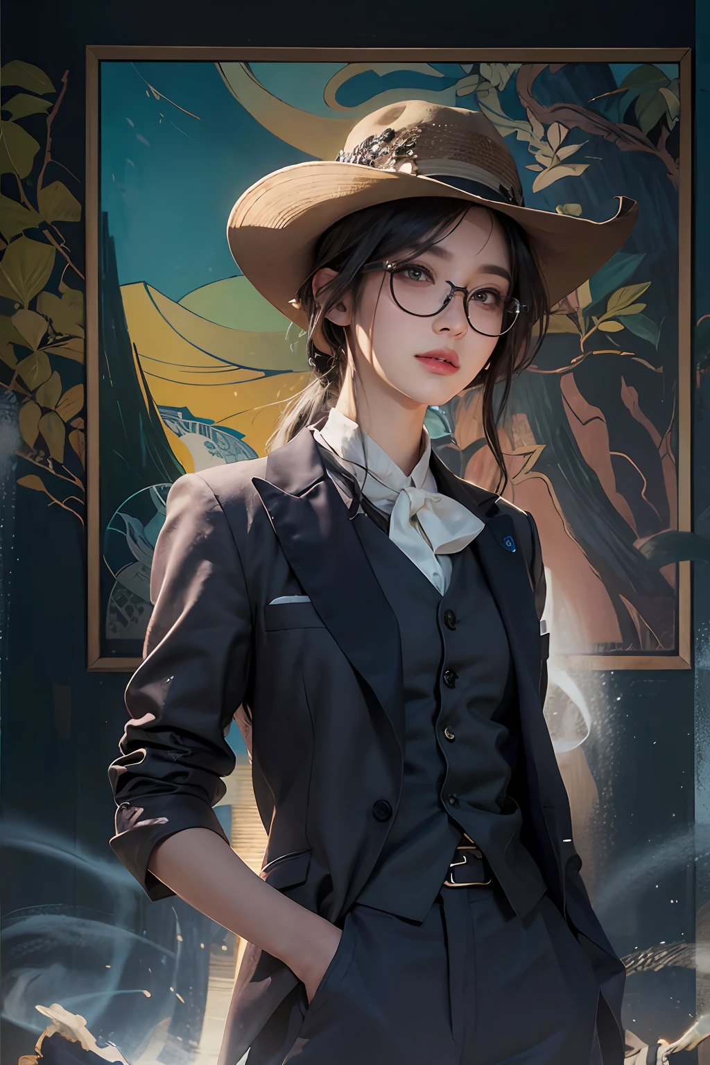 (Front focus)、(dark: 1.6)、Hyperrealist female portrait by David Hockney and Alphonse Mucha、Fantasy Art、photoRealstic、Dynamic Lighting、art stations、poster for、Volume Lighting、extra detailed face、4 K、Award-winning、 、女の子1人、in the darkness nigth、deep-shadows、lowkey、cowboy shot、(formal outfit:1.4)、Long、A dark-haired、view front、Black tabby glasses