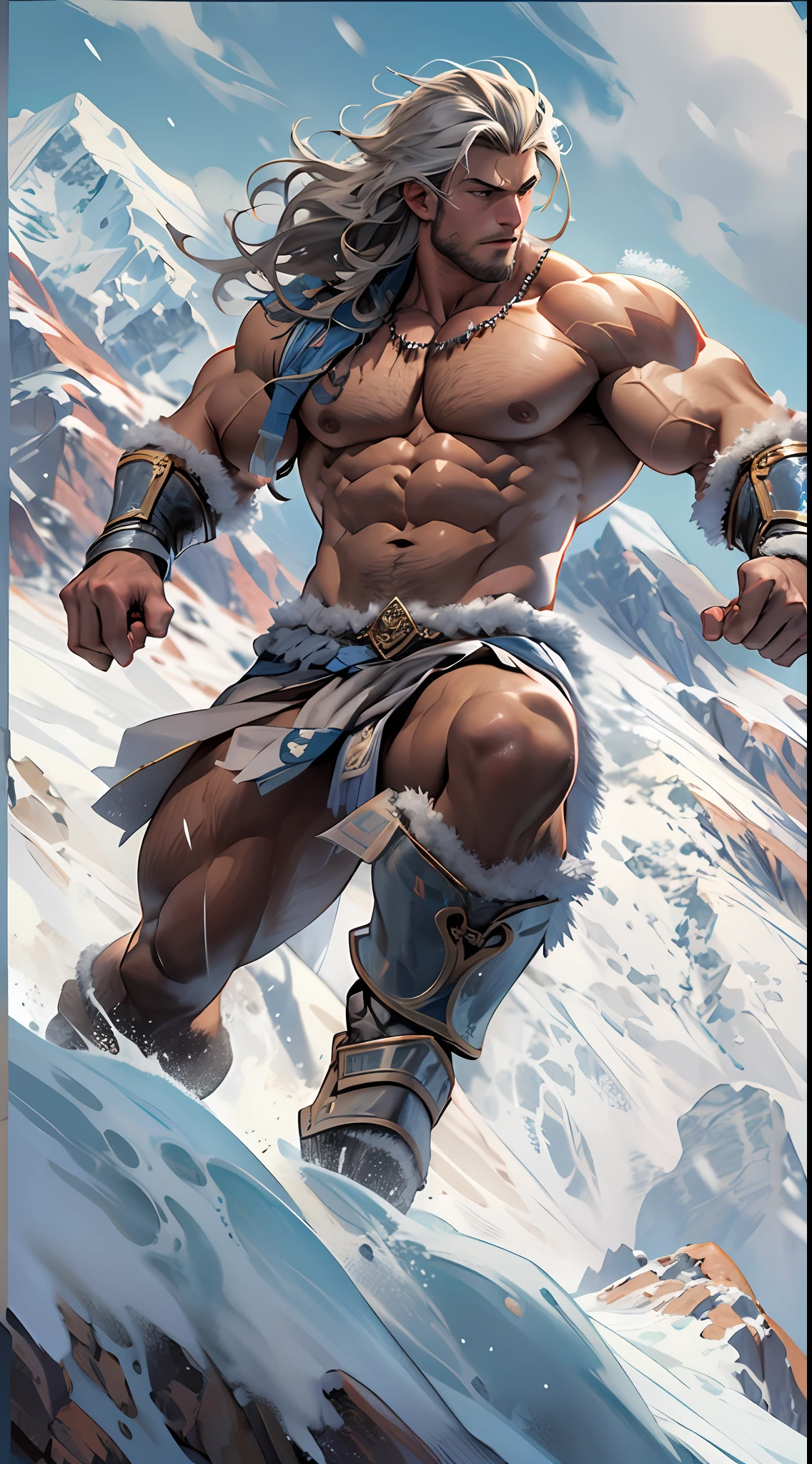 Mighty warrior, shirtless upper body, legs exposed from thighs to feet, cascading long curls, detailed muscular physique, lifelike depiction, 4K resolution. Background: Snow-covered mountain peak,32k uhd, best quality, masterpiece, super detail, high details
