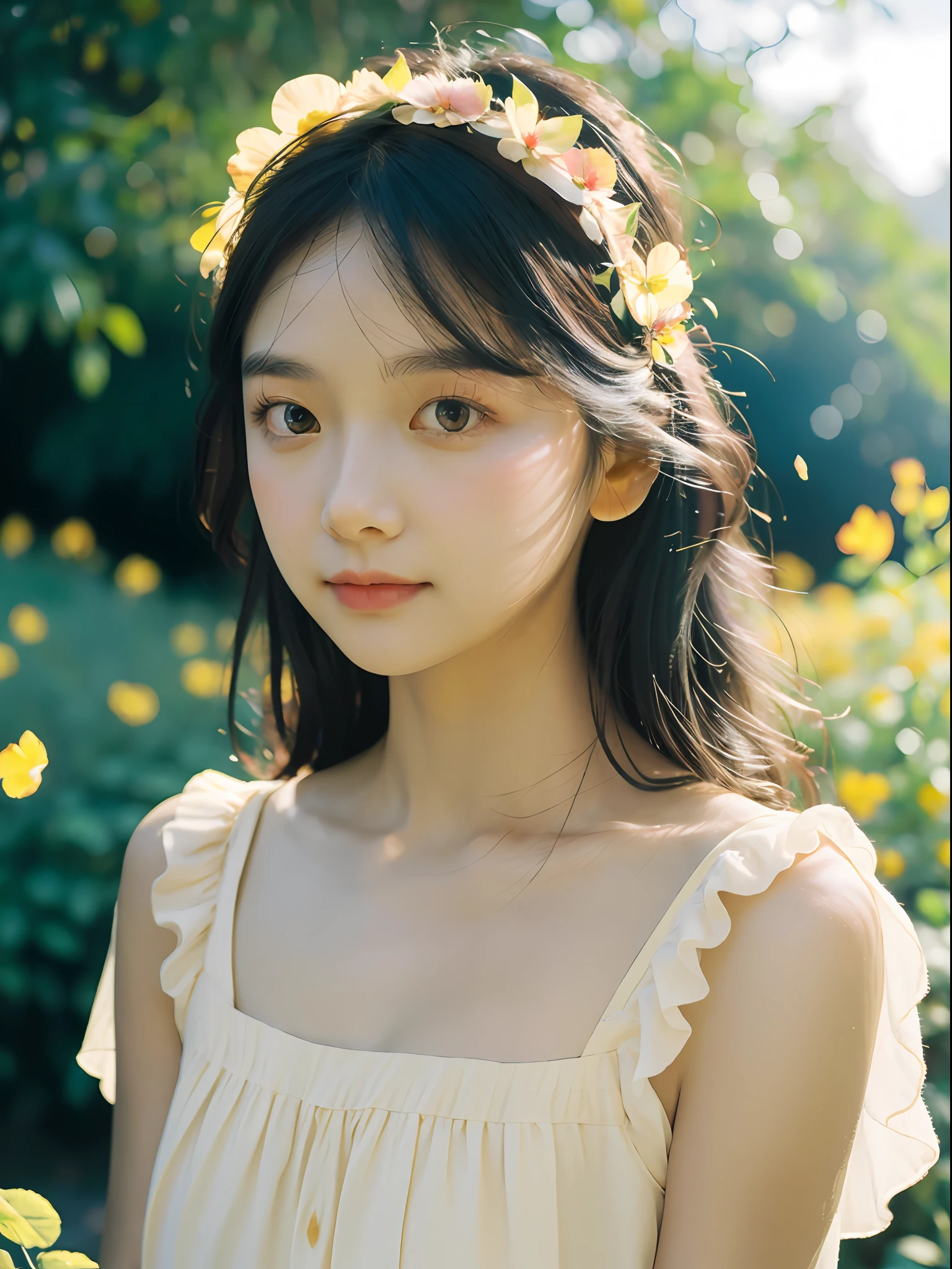 1girl, flowing sundress, floral headpiece, delicate makeup, (luminous eyes, smooth skin texture, gentle facial expression), golden hour lighting, serene garden setting, butterflies or flower petals, depth of field, warm color palette, whimsical atmosphere, high-resolution, soft focus.
portrait photography, 35mm film, natural blurry, filmg,