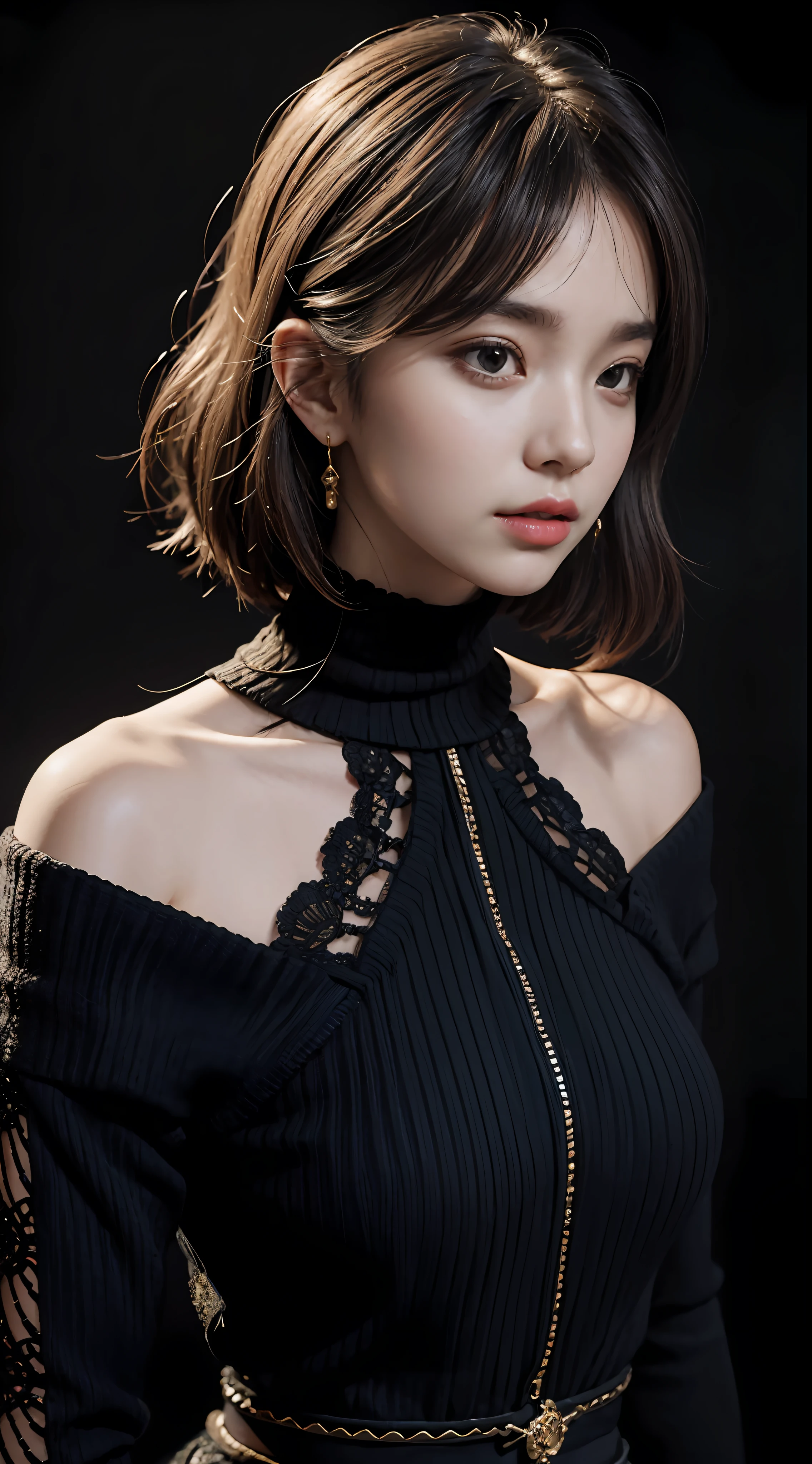 dark Simple background,back,(off-shoulder sweater dress:0.8),(real picture intricate details),epic composition,