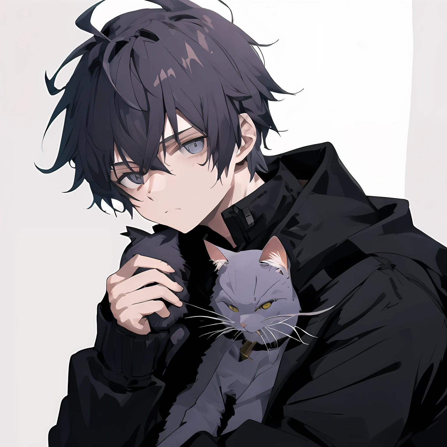 Brunette anime boy holding cat, Anime male, Anime moe art style, Male anime style, in an anime style, young anime man, style of anime4 K, 4K anime wallpaper, Mood boy,Black cotton jacket