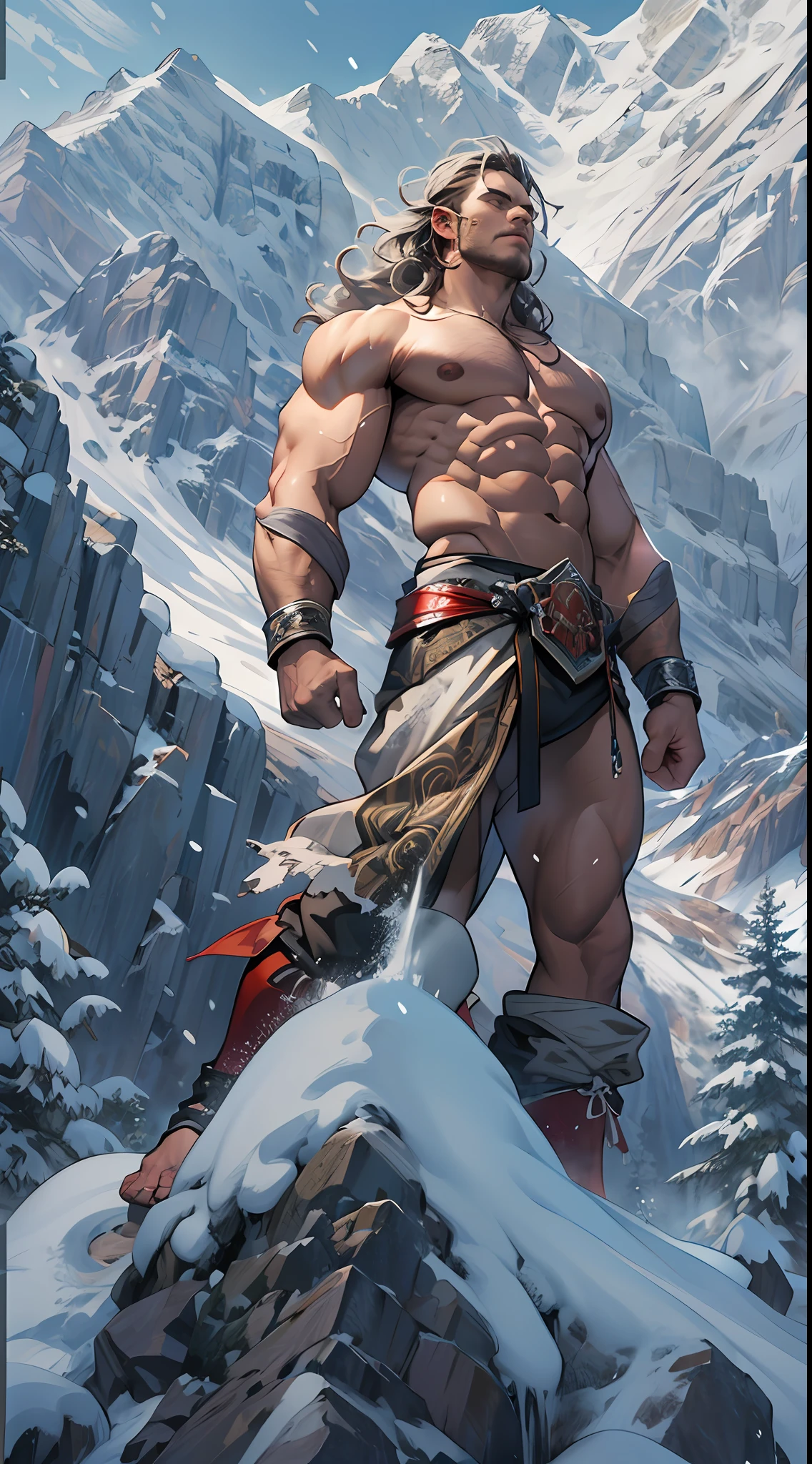 Mighty warrior, shirtless upper body, legs exposed from thighs to feet, cascading long curls, detailed muscular physique, lifelike depiction, 4K resolution. Background: Snow-covered mountain peak,32k uhd, best quality, masterpiece, super detail, high details