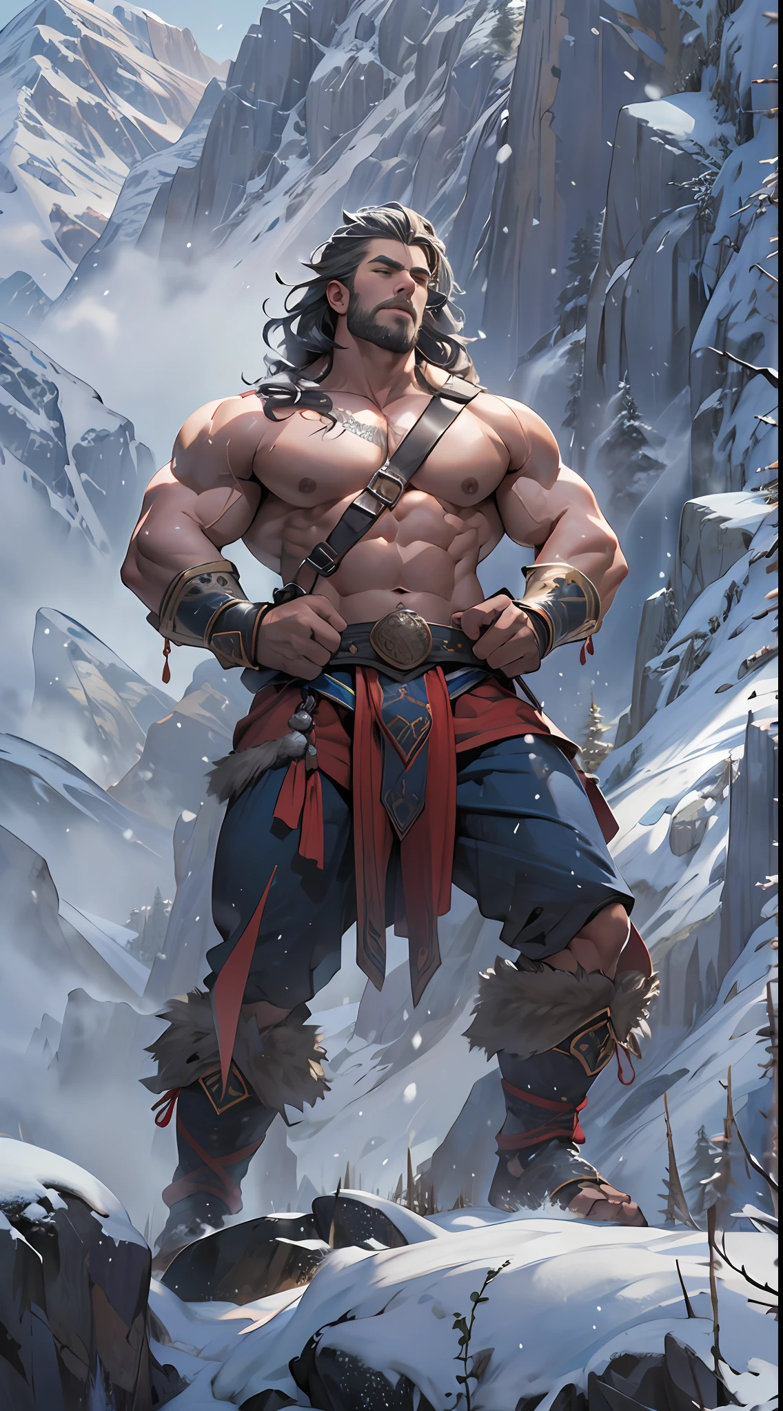 Mighty warrior, shirtless upper body, legs exposed from thighs to feet, cascading long curls, detailed muscular physique, lifelike depiction, 4K resolution. Background: Snow-covered mountain peak,32k uhd, best quality, masterpiece, super detail, high details