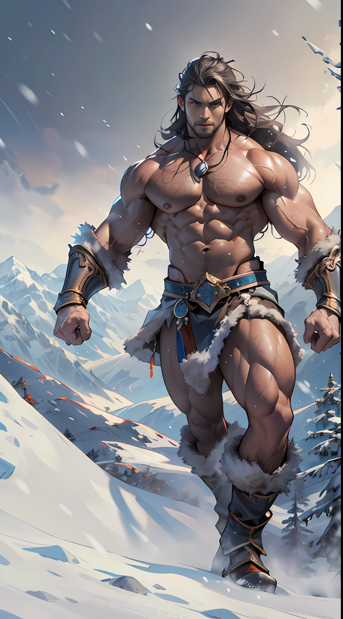 Mighty warrior, shirtless upper body, legs exposed from thighs to feet, cascading long curls, detailed muscular physique, lifelike depiction, 4K resolution. Background: Snow-covered mountain peak,32k uhd, best quality, masterpiece, super detail, high details