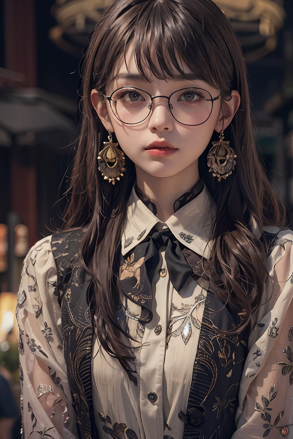 (Front focus)、(dark: 1.6)、Hyperrealist female portrait by David Hockney and Alphonse Mucha、Fantasy Art、photoRealstic、Dynamic Lighting、art  stations、poster for、Volume Lighting、extra detailed face、4 K、Award-winning、 、1人、in the darkness nigth、deep-shadows、lowkey、cowboy  shot、(formal outfit:1.4)、Long、A dark-haired、view front、Black tabby glasses、校服、High school students、In the street