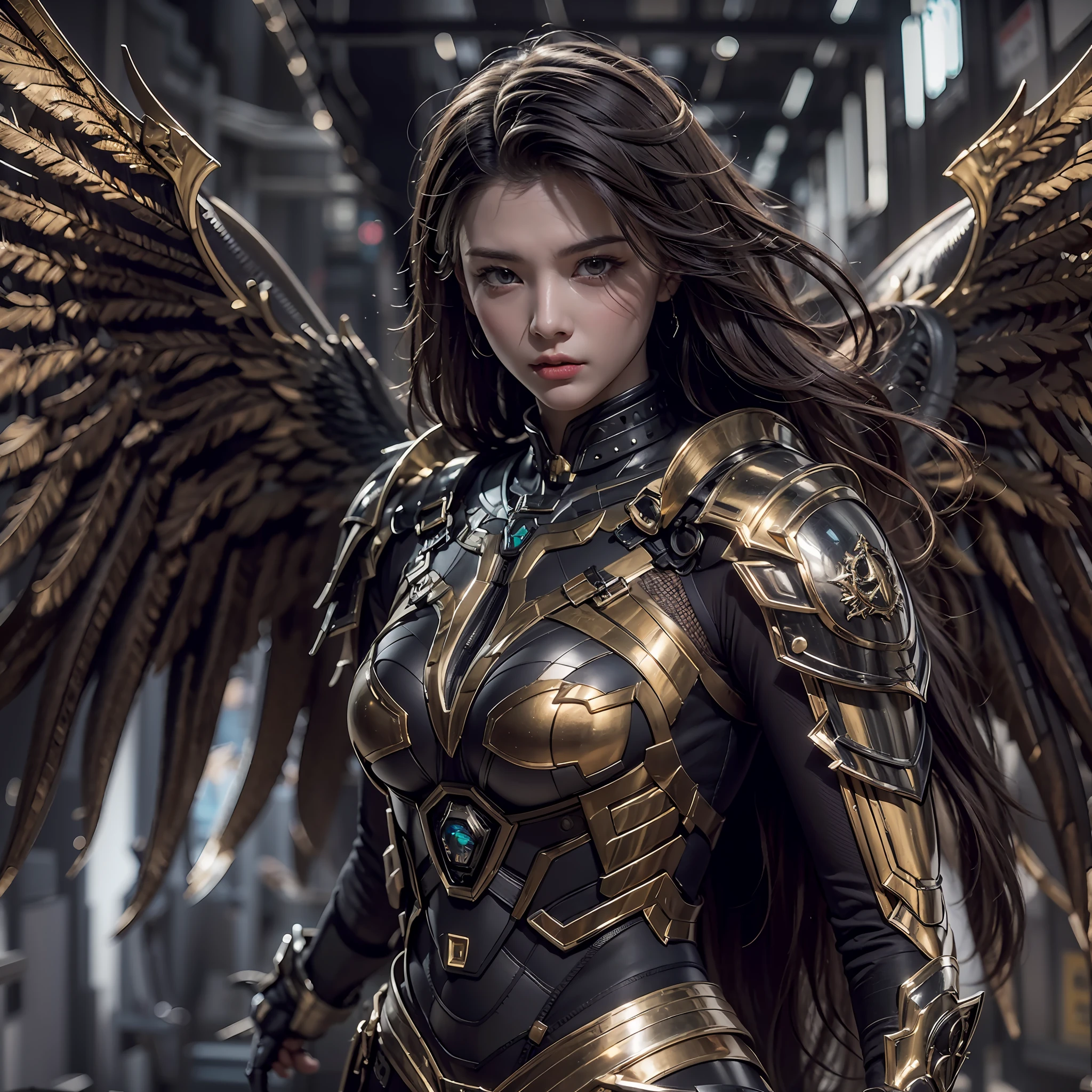 1girll，Dark Angel Warrior，(((On the back there is a pair of large black half-body wings)))，Black titanium，Metal wings，（（Metal wings）），（（Black gold metal armor）），high detal，（beautifulface），Perfect facial features，red tinted hair，Black and gold greatsword，Futuristic technical background，apathy、Aloof、On the high horse，atmospurate、macro，Realistis，hdr（HighDynamicRange）、Ray traching、NVIDIA RTX、Hyper-Resolution、illusory 5、sub surface scattering、post-proces、Anisotropy Filtering、depth of fields、maximum definition and sharpness，Surface coloring、Accurately simulate light-material interactions、perfectly proportions、rendering by octane、largeaperture、Low ISO、White balance、the rule of thirds、8K raw data、lightand shade contrast