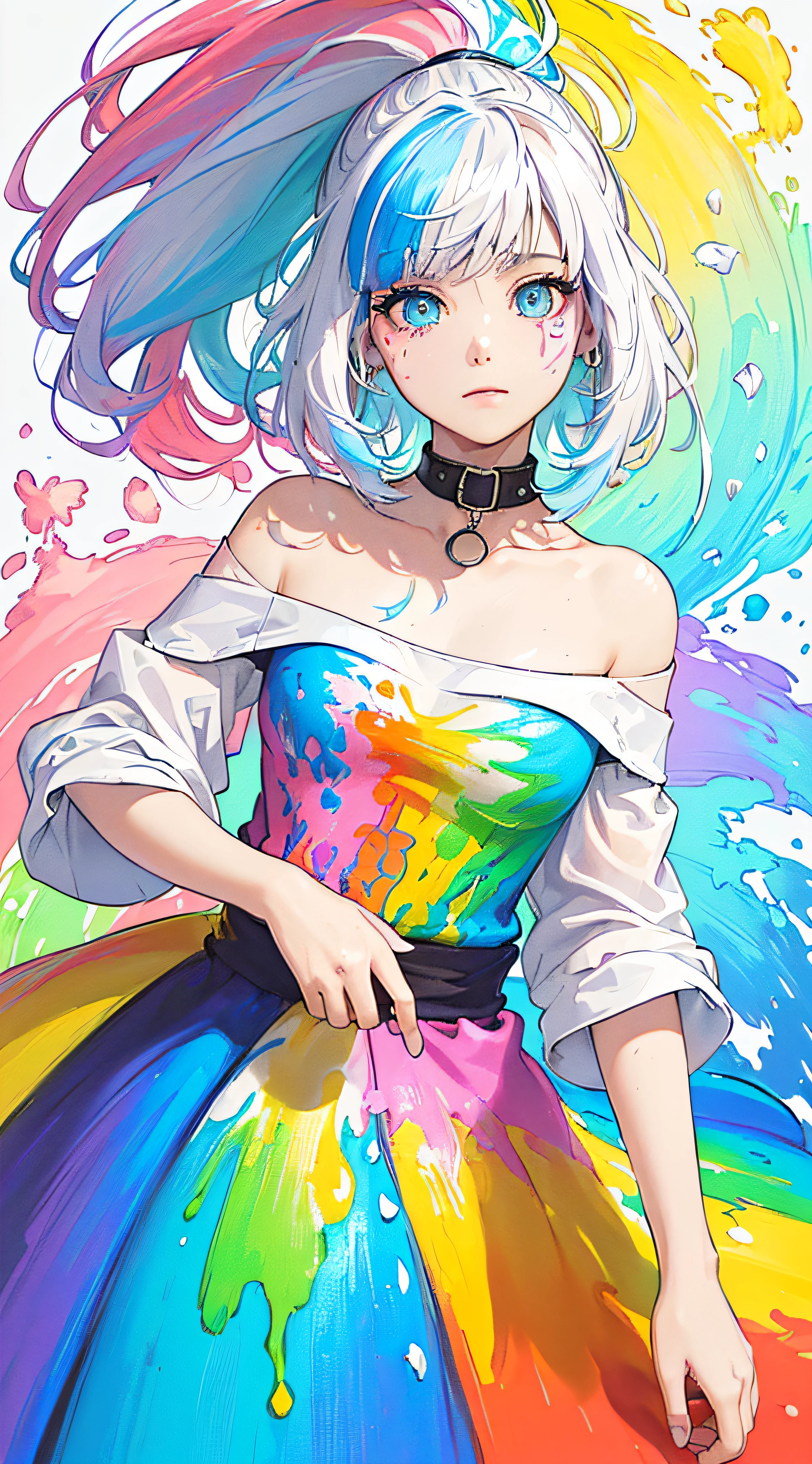 （Pink Fashion T-shirt：1.9），(Colorful hair: 1.8), (all the colours of the rainbow: 1.8),(((((vertical painting：1.6))), （painting：1.6），front, comics, illustrations, paintings, large eyes, crystal clear eyes,（ rainbow color gradient high ponytail：1.7）, exquisite makeup, closed mouth,(Small Fresh: 1.5),(Wipe Chest: 1.6) ，long eyelashes, white off shoulder T-shirt,  White Shoulder Shirt，looking at the audience, large watery eyes, (rainbow colored hair：1.6), color splash, （solo：1.8）, color splash, color explosion, thick paint style, messy lines, ((shining))，(colorful), (colorful), (colorful), colorful, Thick Paint Style, (Splash) (Color Splash), Vertical Painting, Upper Body, Paint Splash, Acrylic Pigment, Gradient, Paint, Highest Image Quality, Highest Quality, Masterpiece, Solo, Depth of Field, Face Paint,  colorful clothes, (Elegant: 1.2), gorgeous,long hair, wind, (Elegant: 1.3), (Petals: 1.4)，(((masterpiece))),(((best quality))),((ultra-detailed)),(illustration),(dynamic angle),((floating)),(paint),((disheveled hair)),(solo),(1girl) , (((detailed anima face))),((beautiful detailed face)),collar,bare shoulders,white hair, ((colorful hair)),((streaked hair)),beautiful detailed eyes,(Gradient color eyes),(((colorful eyes))),(((colorful background))),(((high saturation))),(((surrounded by colorful splashes))),