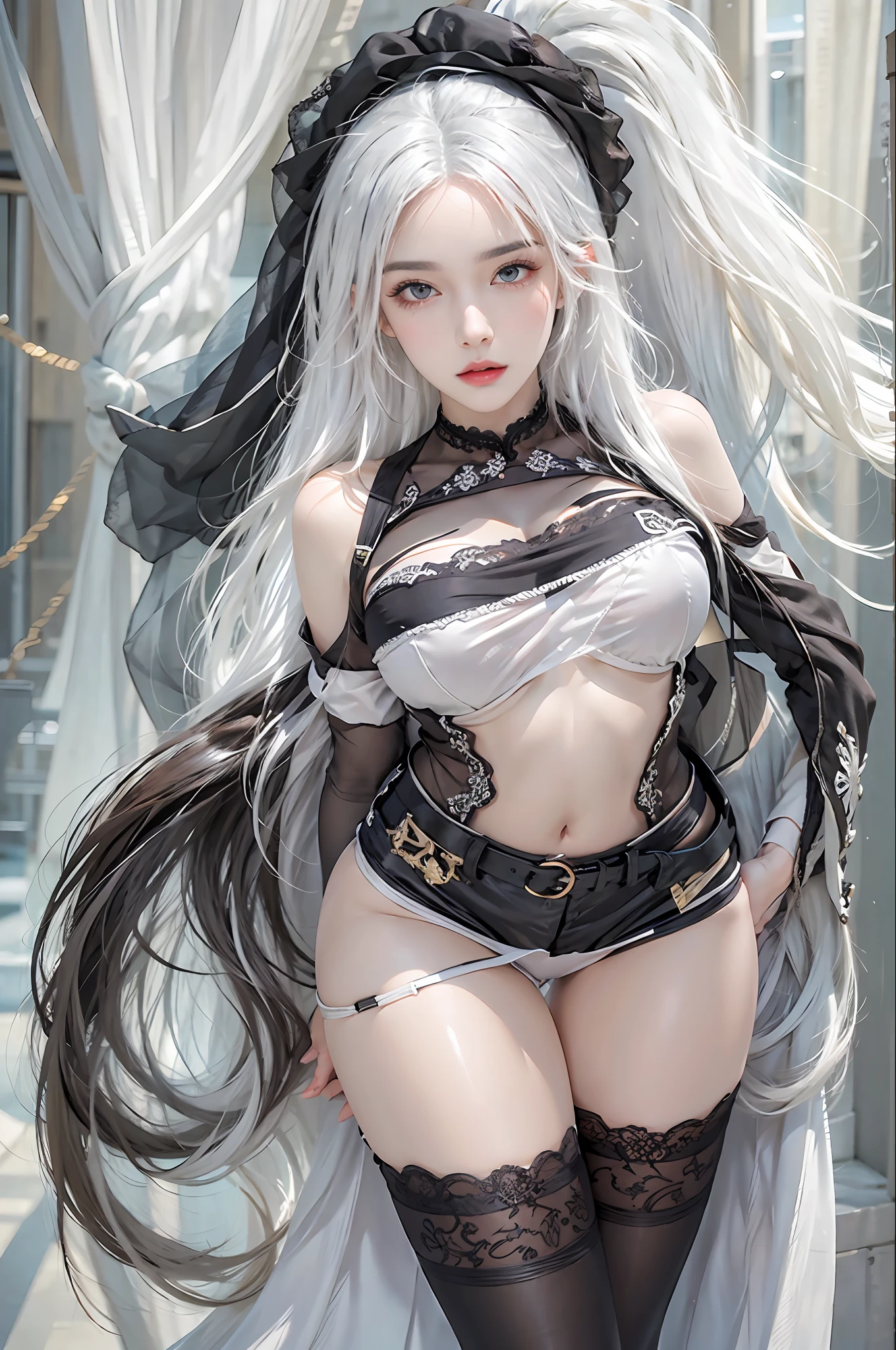 photorealistic, high resolution, 1 women, solo, hips_up, hips up, beautiful eyes, look at viewer, close lips, detailed face, white hair, long hair, black lingerie, black lace, black garters belt, black stockings, butts