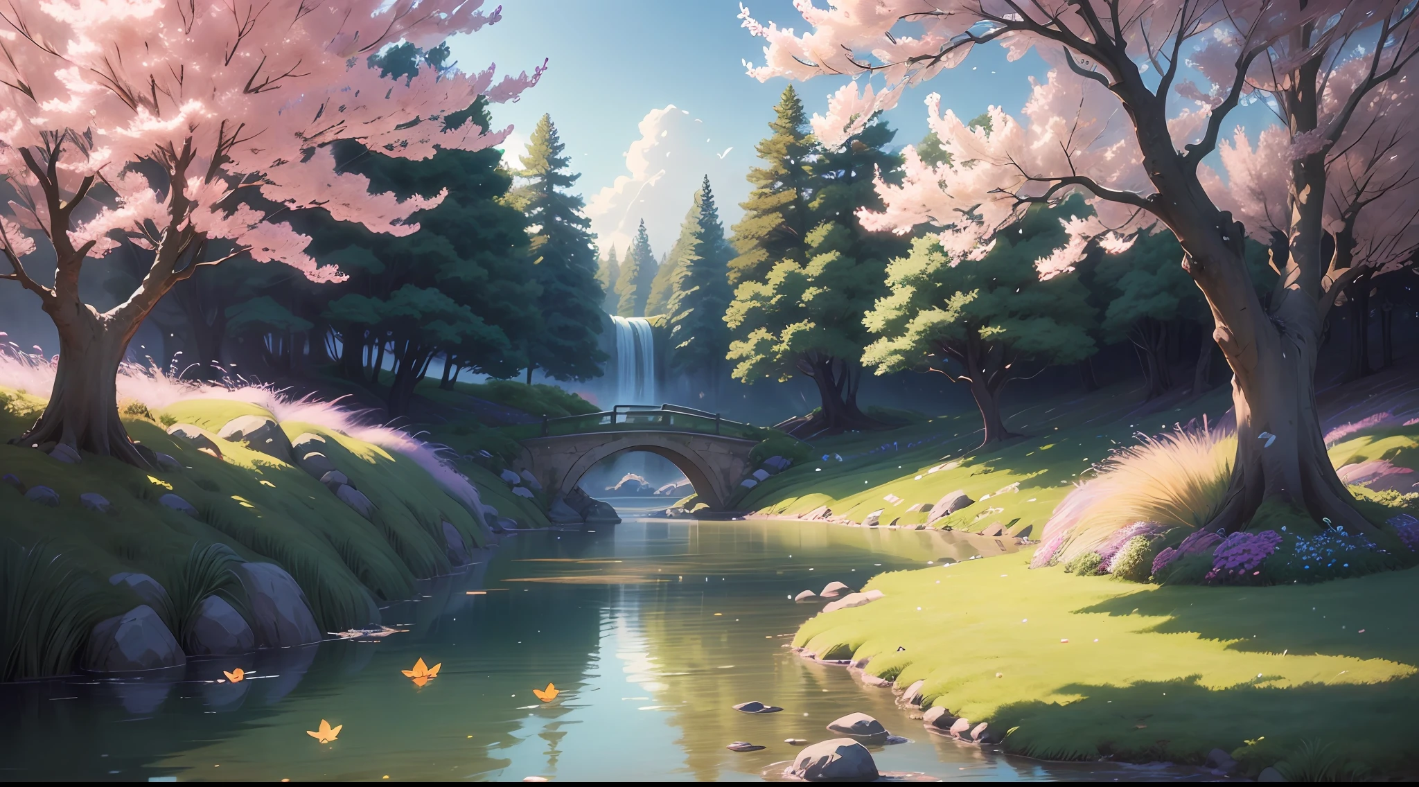(Best quality),(masterpiece),(ultra detailed),(high detailed),(extremely detailed),Subject: Anime Background Illustration Medium: RAW photography. Resolution: 4000x3000 pixels. Color Palette: Soft and pastel colors with a hint of vibrancy. Mood: Serene, whimsical, and inviting. Composition: Balanced composition with a focal point that complements the foreground elements. Lighting: Gentle, diffused lighting with subtle variations in brightness. Style: Anime-inspired with a touch of fantasy and charm. Details: Include elements such as blooming cherry blossom trees, lush greenery, cozy buildings, and winding paths. Inspiration: Anime scenery, Studio Ghibli films, fantasy worlds, and tranquil natural settings. Camera Setup: None (since it's a digital illustration). Additional Notes: Pay attention to atmospheric perspective, with distant objects appearing lighter and less detailed. Incorporate depth by adding layers of foreground, middle ground, and background elements. Use soft brush strokes and blending techniques to create a dreamy and ethereal atmosphere. Consider adding elements of magic or fantasy, such as floating islands, whimsical creatures, or glowing orbs. Include small details like birds, butterflies, or falling leaves to enhance the sense of movement and life. Experiment with different textures, such as the rough bark of trees or the smooth surface of water. Incorporate elements of nature to evoke a sense of tranquility and harmony.