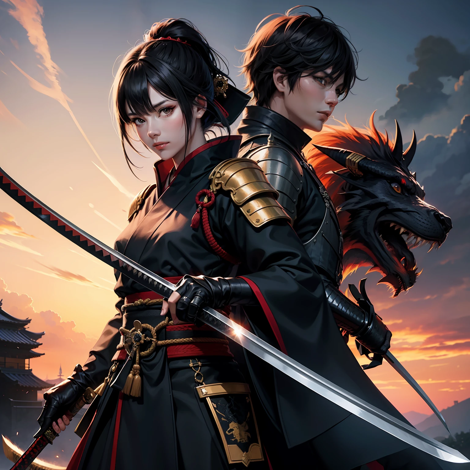 samurais,black color hair,the emperor,Dragon,delicated,illustrious,katana swords
