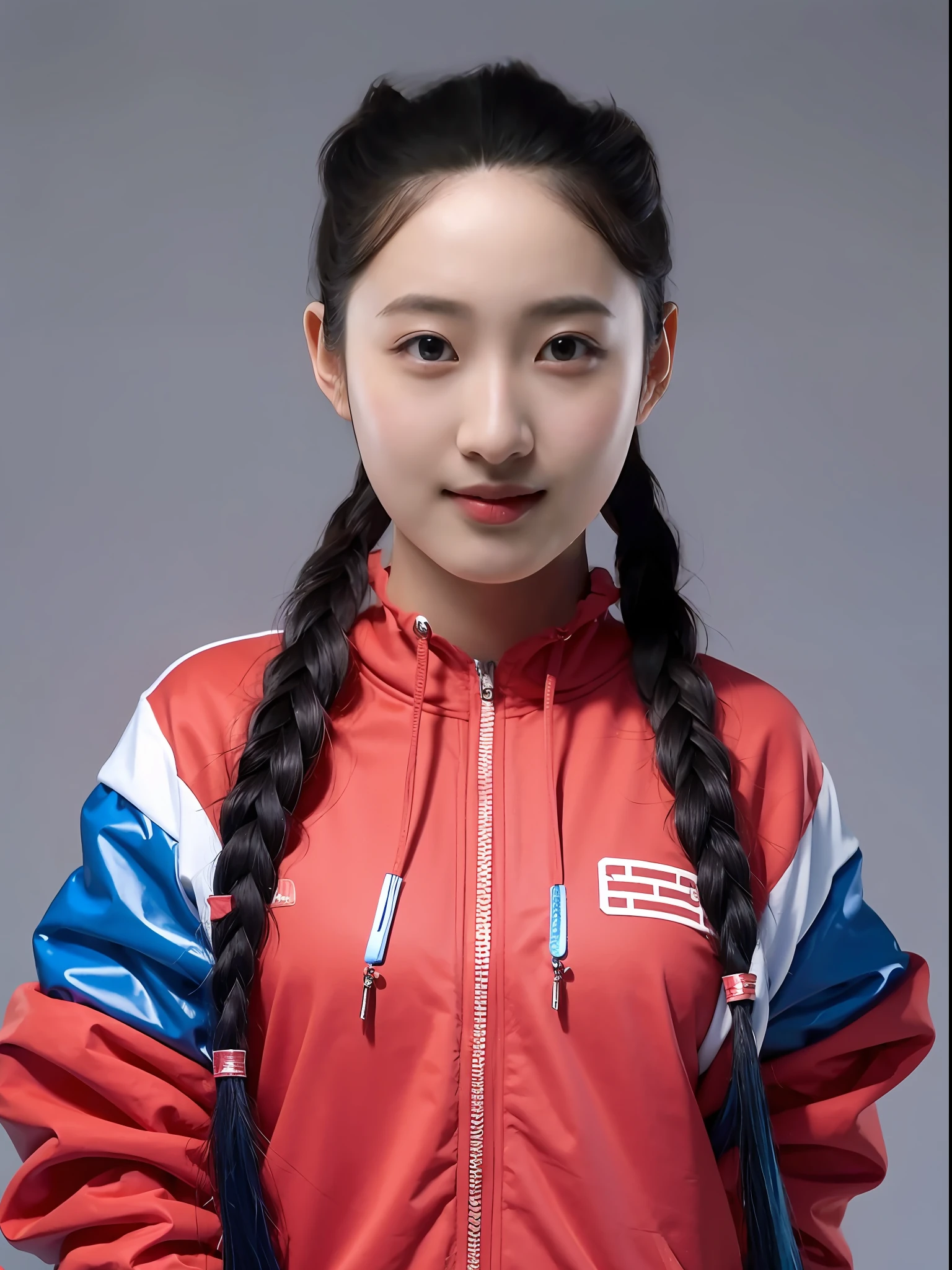 A Chinese high school girl,Wear a blue skinny PVC zippered sweatshirt,long braid