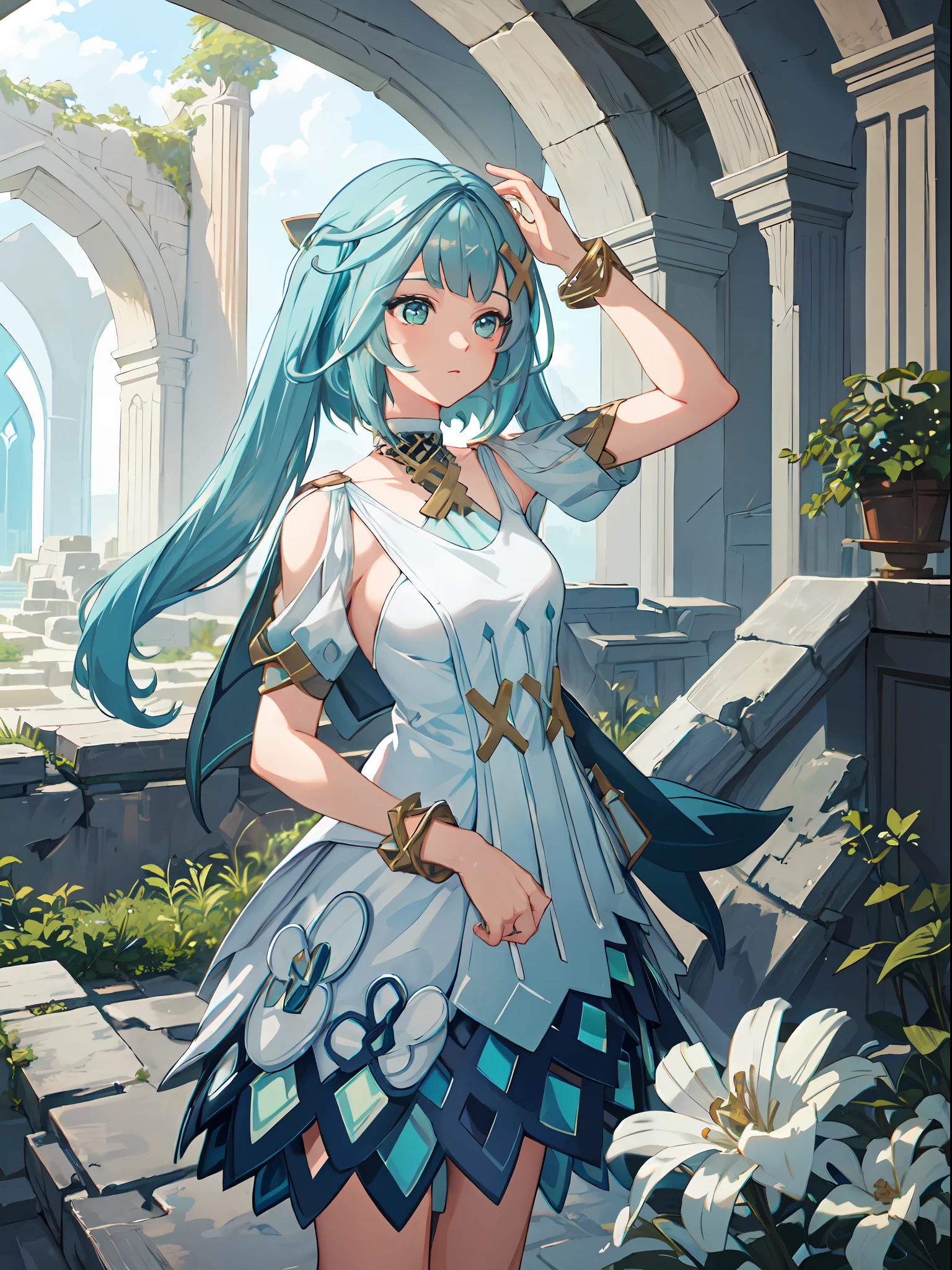 yaemikodef, yae miko smiles coquettishly in a japanese shrine, large breast, moonlit night, goofy face