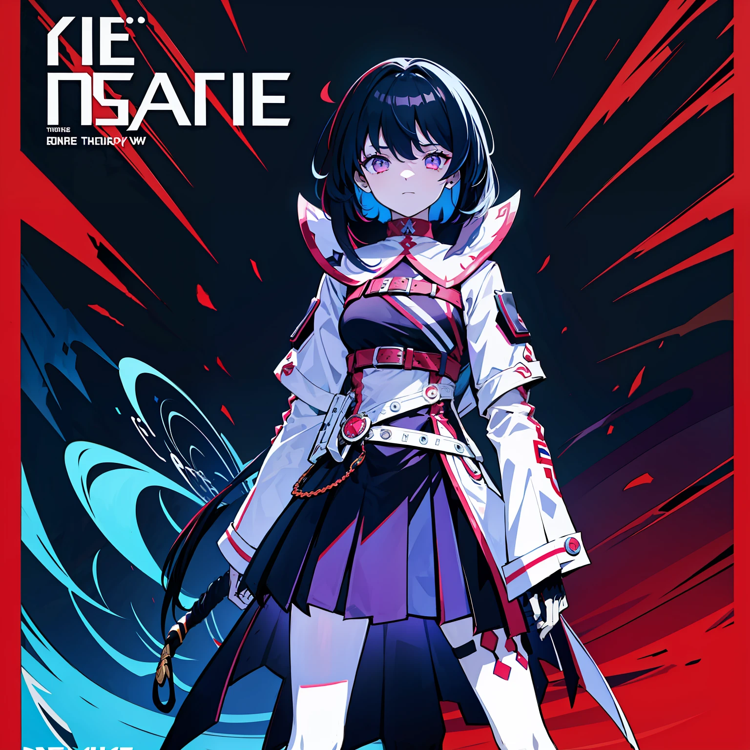 The poster features a teenage woman as the central character,She stood confidently in the middle of the poster,Wear fashion-forward armed attire,With a hard expression on his face,Sharp eyes,。The background is dark style,There is a sense of danger。The text is eye-catching,The color palette is dominated by dark colors,Accentuate light colors,Make the poster visually striking,Fashionab,vibrancy,self-assured,Outfit,The title is eye-catching,