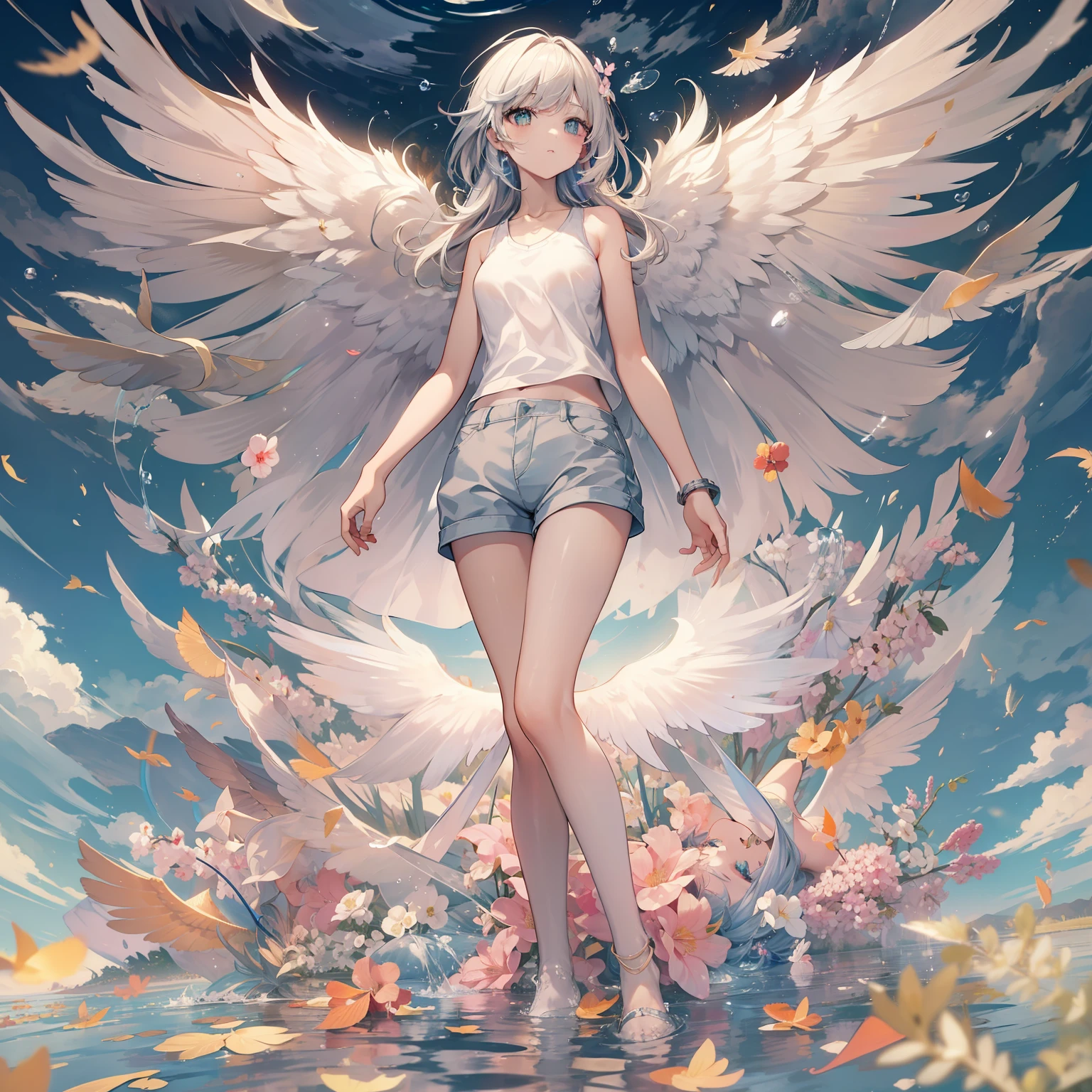 Neutral Girl、Tank tops、tshirts、shortpants、stockings、(((Shine one very large wing)))、The wings are shining、Eye of Desire、hiquality、high-level image quality、((Fulll body Shot))、Irregular water flow in the sky、The flow of water is cardboard、Particles of light floating in the sky、The particles are cardboard、ultra-detailliert, Beautifully Aesthetic, masterpiece, top-quality, vivd colour, wings are symmetrical