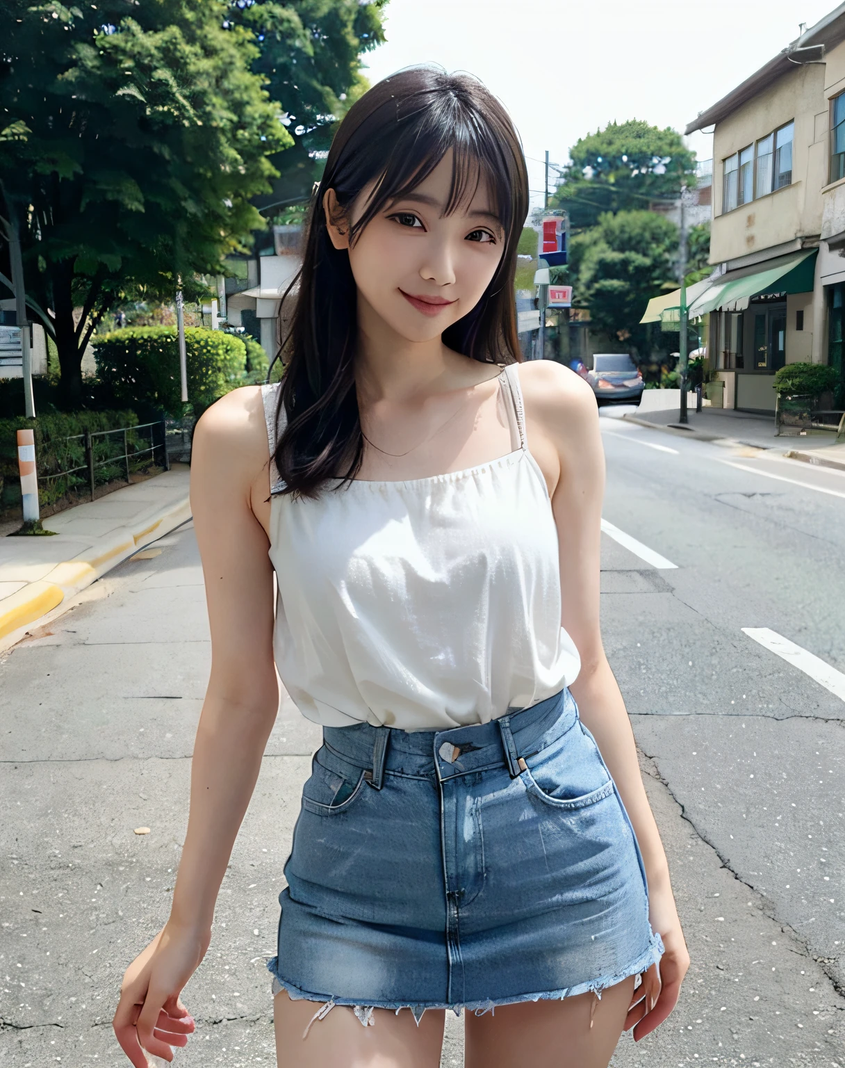 Woman posing on street corner、top-quality、女の子 1 a person、middlebreasts、tag、with light glowing、blur backgroun、bokeh dof、outside of house、(Street:0.8)、(a person々、Large crowds:1、A slender、large full breasts、Sleeveless、White camisole、Clothes that adhere perfectly to the body、Watching the viewer、Denim miniskirt、Damage pants、a gorgeous(straight haired、Hair up to the waist、Forehead:0.8)、Beautiful sky with details、耳Nipple Ring、A slender、Sareme、 (above knee)、Soft lighting、the wind、glowy skin、A smile、The wind is blowing、