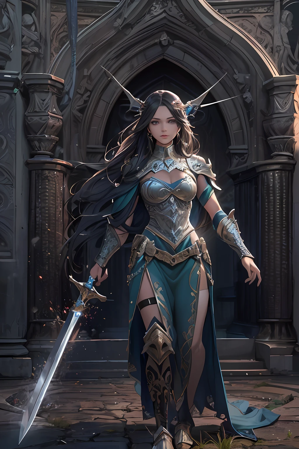 arafed, high details, best quality, 8k, [ultra detailed], masterpiece, best quality, (extremely detailed), dynamic angle, ultra wide shot, RAW, photorealistic, fantasy art, dnd art, rpg art, realistic art, a picture of female human holy warrior,  warrior of god, full body, ultra detailed face (1.5) [[anatomically correct]] dynamic position (1.5 intricate details, Masterpiece, best quality) in dark fantasy cemetery (1.5 intricate details, Masterpiece, best quality), woman wearing bright armor, heavy armor (1.4 intricate details, Masterpiece, best quality), armed with epic sword, epic holy sword, radiant sword, sword sheds bright ligh(1.3, masterpiece), purple cloak (1.3, masterpiece) holy symbol with [bright aura] (1.4), long hair, dark hair, green eyes intense eyes, dark cemetery background (1.5 intricate details, Masterpiece, best quality) god rays, divine rays (1.4 intricate details, Masterpiece, best quality), dynamic angle, (1.4 intricate details, Masterpiece, best quality) 3D rendering, high details, best quality, highres, ultra wide angle@EG1