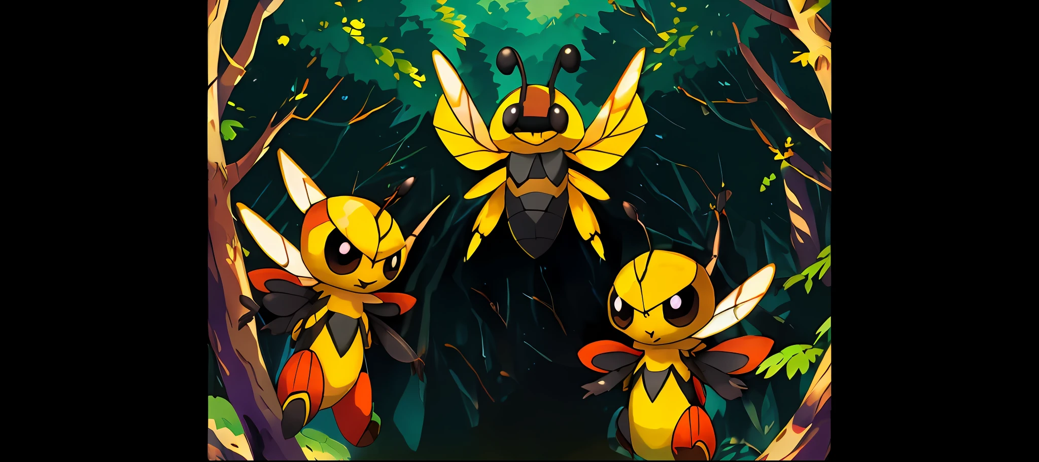 Pokemon wallpaper with a group of Pokemon in the forest, Official artwork, glowing firebugs, illustration pokemon, offcial art, pokemon art style, Polychaeta, new pokemon, Crimson - Behind the Black Bee Army, pokemon in the wild, concept art of pikachu, official fanart, pikachu in a forest, glowworm, pikachu in a forest, mystery pokemon