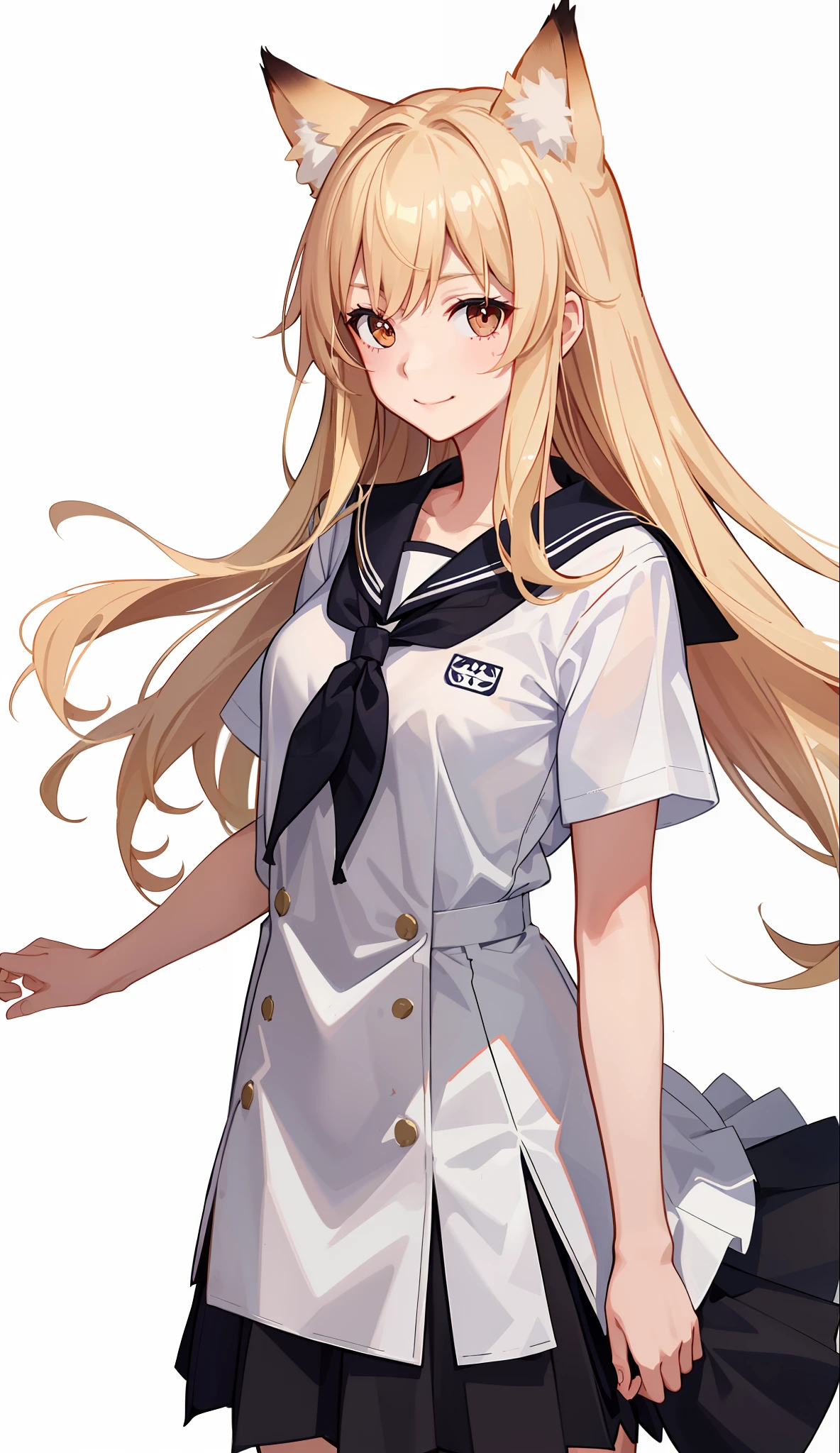 1girl in、A smile、The shirt、skirt by the、(small tits)Chilarism、Japan High School Student Uniform、serafuku、summer clothing、Squall Drenched Uniform、show brassiere、Fox ears、Blonde hair、(Upper body portrait)、