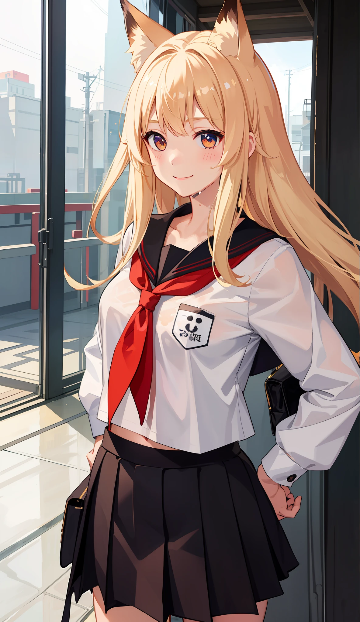 1girl in、A smile、The shirt、skirt by the、（small tits）Chilarism、Japan High School Student Uniform、serafuku、summer clothing、Squall Drenched Uniform、show brassiere、Fox ears、Blonde hair、（Upper body portrait）、