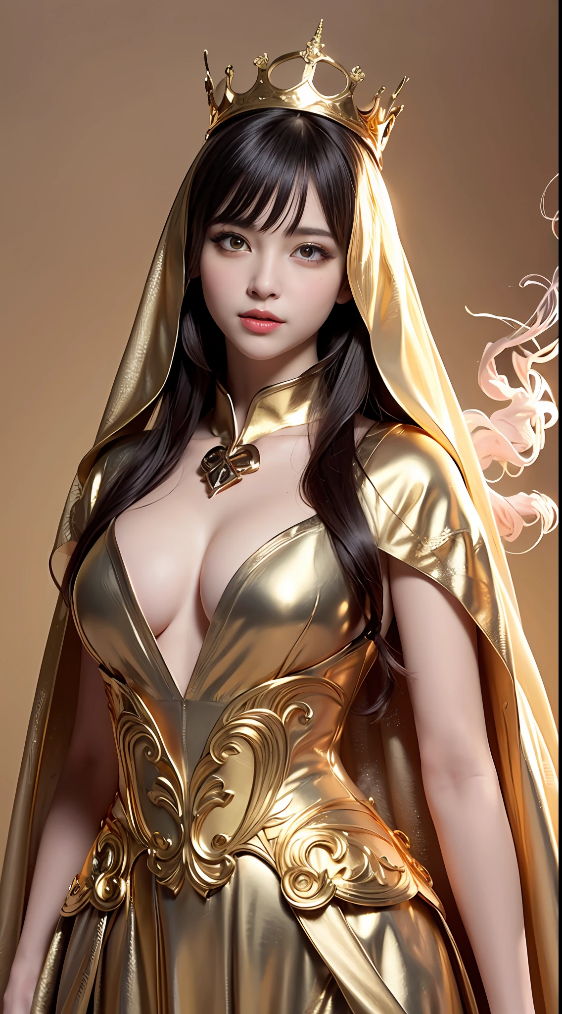 1 beautiful 27-year-old saint, charming adult saint in a long dress made of thin silk, flawless beautiful face, wearing a thin multicolored silk dress, (((Natural smile:1.0))), ((flat bangs:0.5)), (((platinum long hair:0.8))), big crown, hair brooch, hanfu dress, fanciful hanfu style, full body jewelry, forehead tattoo, super even chest, woman face, beautiful and pretty face, ((even porcelain teeth: 0.8)), The most beautiful and detailed light red lipstick, super flat big breasts, ((Thin plump lips:0.3)), ((Golden Eyes color:1.6), Detailed and delicate lighting effects, light and dark, dramatic lighting, magical light, extremely detailed light, true color, super sharp, realistic, 8k quality, fantasy universe background, saints and magical space, the most detailed images, ((Solo:0.3)), ((a saintess:0.6)), ((looking directly at the saint's upper body:0.4)), upper body, ((smooth skin:0.5)), ((the holy woman's veil:1.2)), ((solo:1.3)), ((alone girl:1.3)), female saint portrait, short images, Upper body portrait, (((open mouth:0.6))), Digital Realistic, ((fanciful red smoke effect:1.2)),