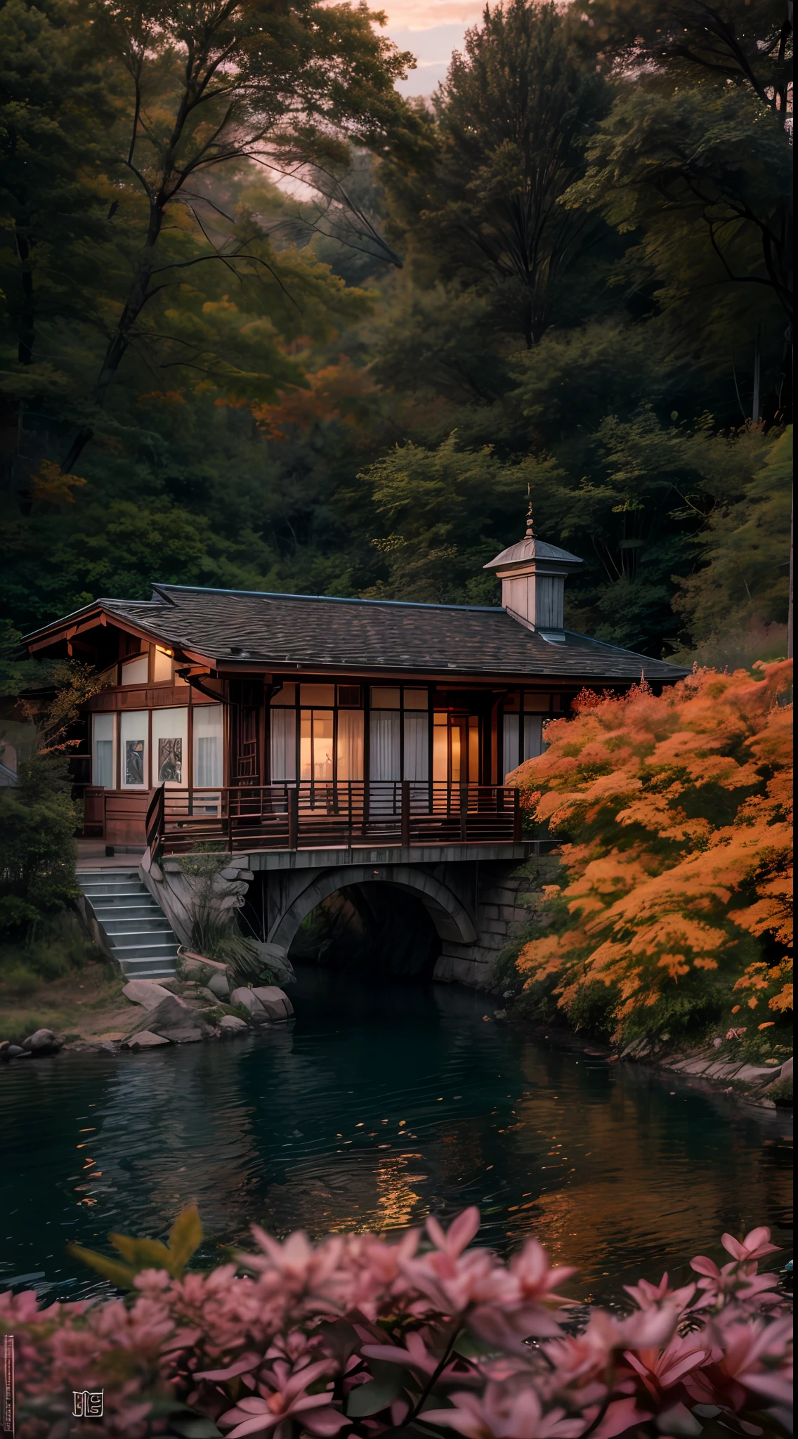 Maple Forest, Lake, Sunset, House, Flower Bridge, Details detailed (realisticlying)Masterpiece Light and dark against Canon Photography