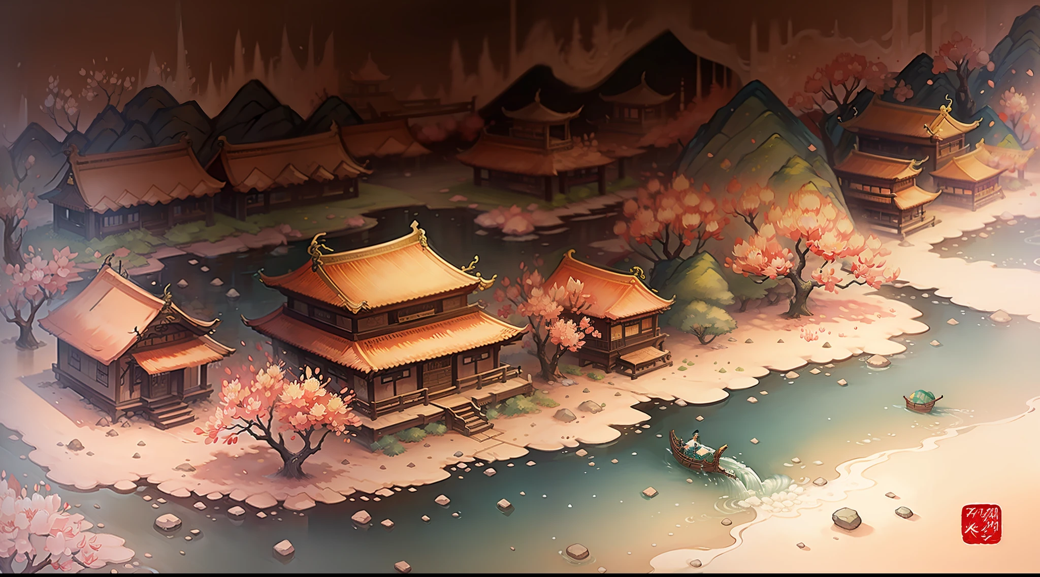Shangri-La,Small village,Peach blossom tree,Small river water,Small dirt roads,Stone,A lot of houses,fisherman,Peach Blossom Grove,China-style,Chinese comic book style,ink and watercolor painting,down view,Aerial image