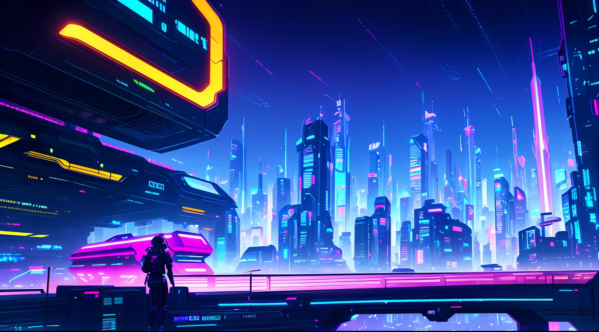 Futuristic city with, in a futuristic cyberpunk city, cyberpunk city in the distance, in front of a sci fi cityscape, Digital cyberpunk anime art, futuristic urban background,, detailed neon cyberpunk city, Futuristic city landscape, anime cyberpunk art, cyberpunk city landscape, at cyberpunk city, Cyberpunk art style