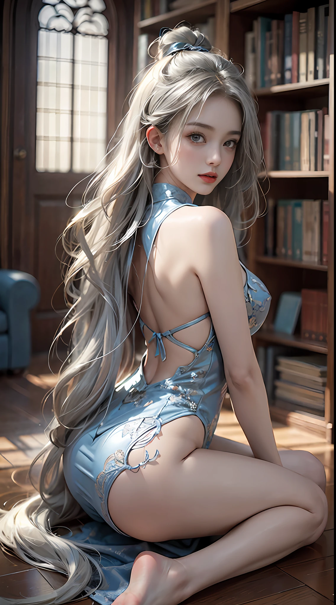 ((best qualtiy)),((SuperiorQuality, 8K, tmasterpiece: 1.5)), Pubic area is clear: 1.2, Perfect body beauty: 1.4, Large of breast, Silvery hair, Blue openwork cheongsam，wetted skin, the areola is visible, ssmile，Dog crawling kneeling position，Pout your ass，In the library，Film texture，