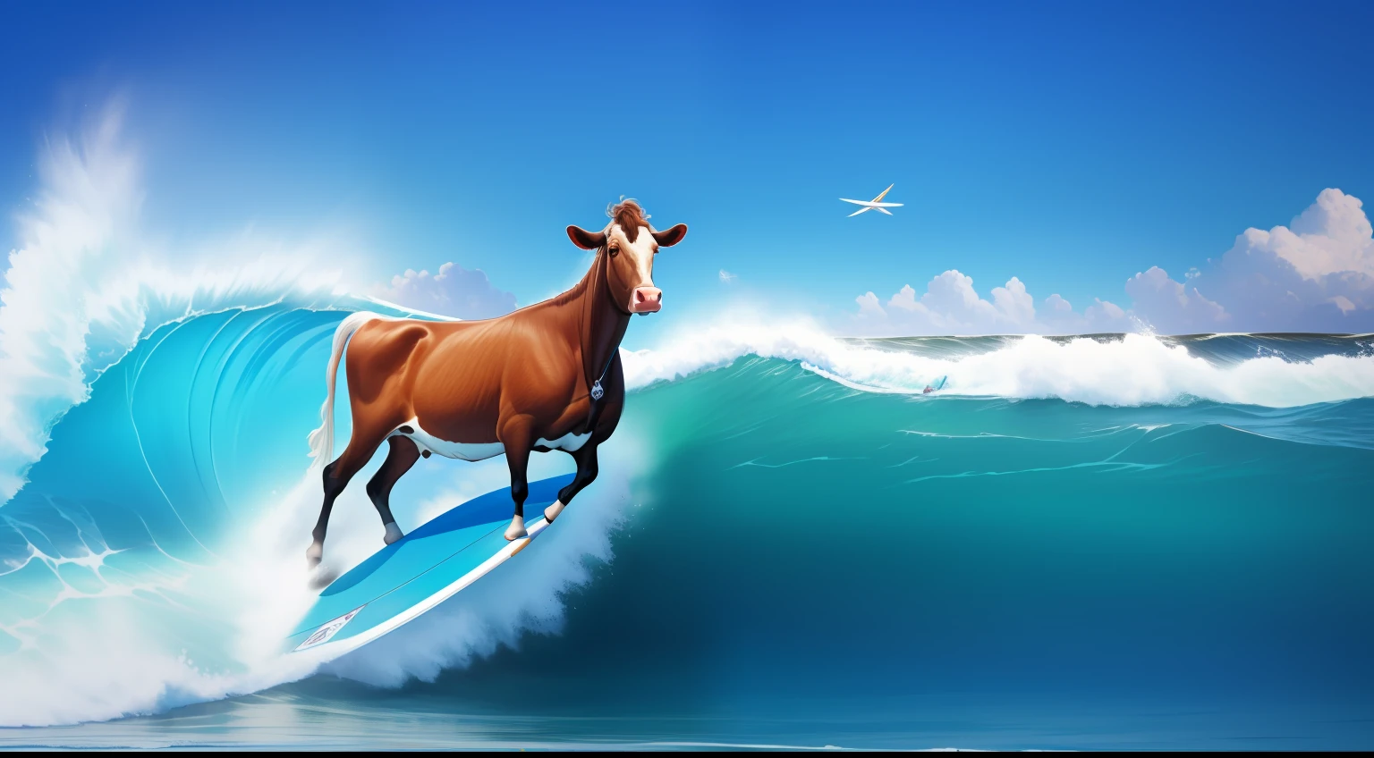 High quality, 8k resolution, portrait, natural lighting, summer, blue sky, cow on the board, surfing, open sea, big waves, blue ocean, shinning sun