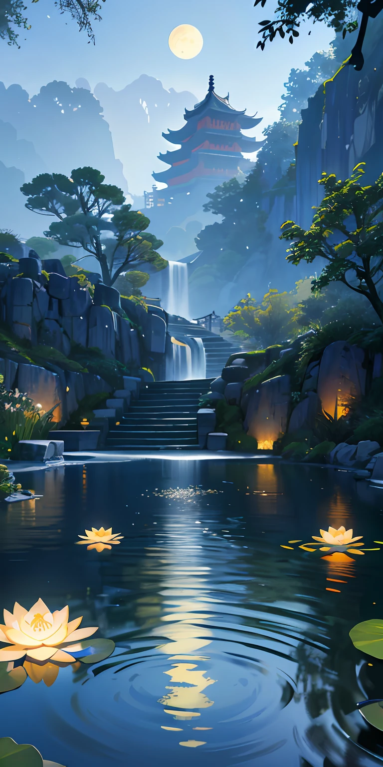 ancient Chinese architecture, moon, ht view,gloom,dark nigGarden, bamboo, lake, 矼, rockery, arch, corner, rockery, trees, flowing water, landscapes, plein air, waterfalls, meadow, rock, water lily, flow, lotus, hot spring, water vapour, (illustrations: 1.0), Epic composition, realistic lighting, high-definition details, masterpiece, of the best quality, (Very detailed CG unified 8k wallpaper), (of the best quality)